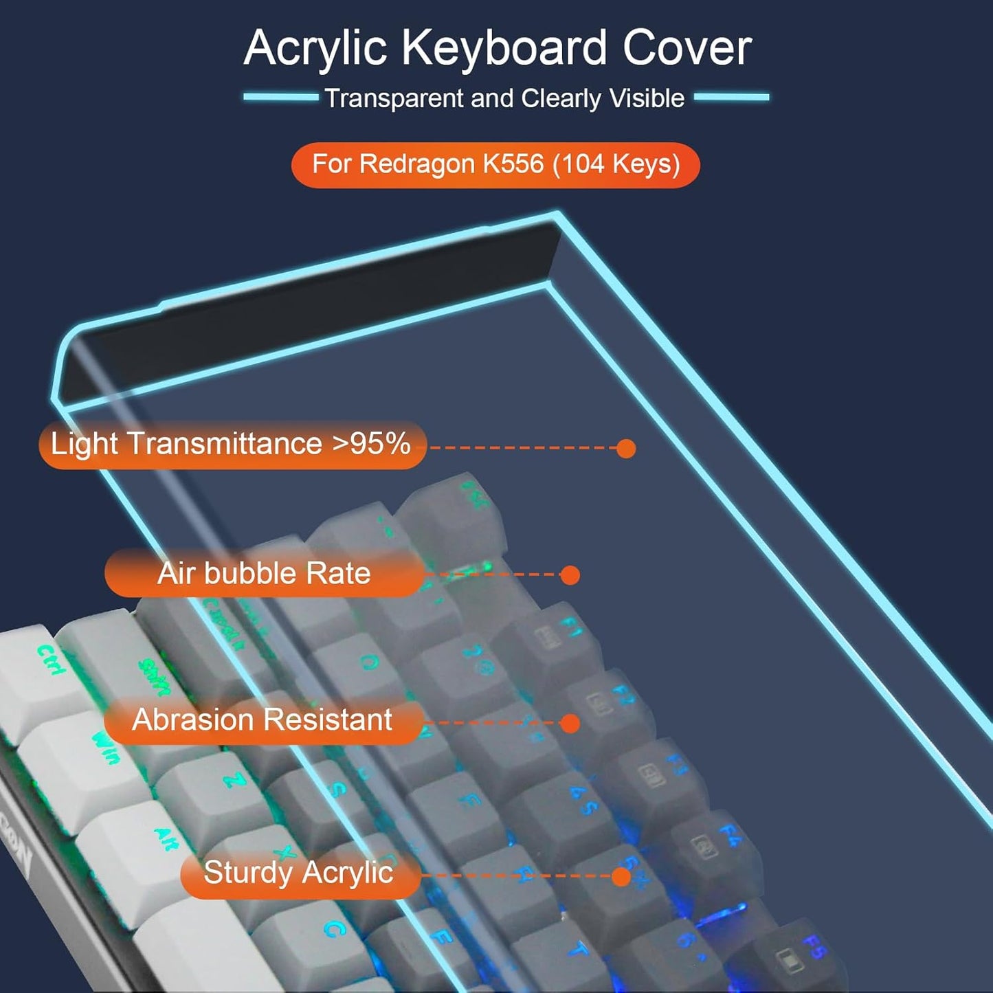 Redragon K556 Desing Wish Keyboard Cover, Water Resistant Half-Covered Acrylic Dust Cover Anti-Cat Lid