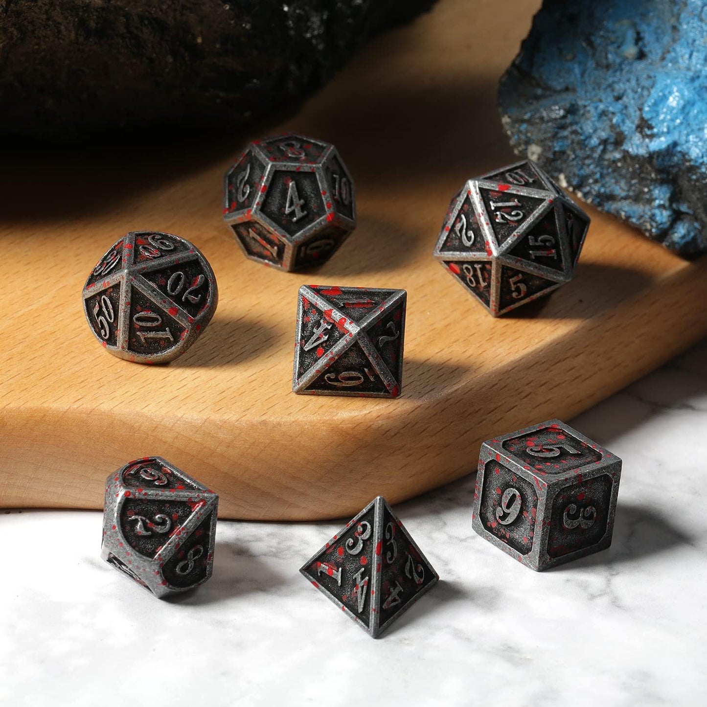 Acient Silver Bloodstained Metal Dice Set DND, DNDND 7PCS Metallic Halloween Die with Metal Case for Dungeons and Dragons Tabletop Games