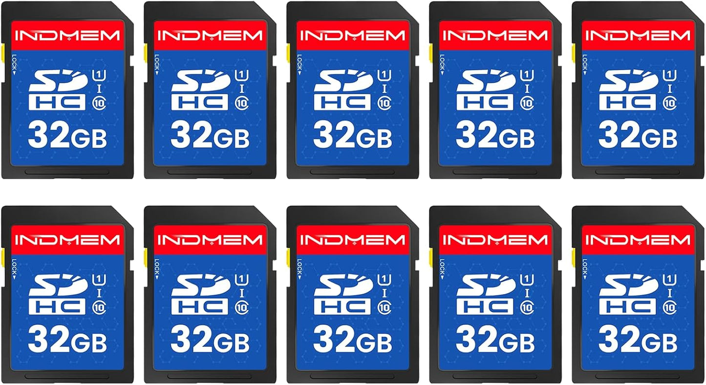 INDMEM SD Card 32GB, 10-Pack UHS-I Class 10 MLC Flash Memory Card, High-Speed Secure Digital Cards for Cameras, DSLR, Action Cams - Reliable Storage