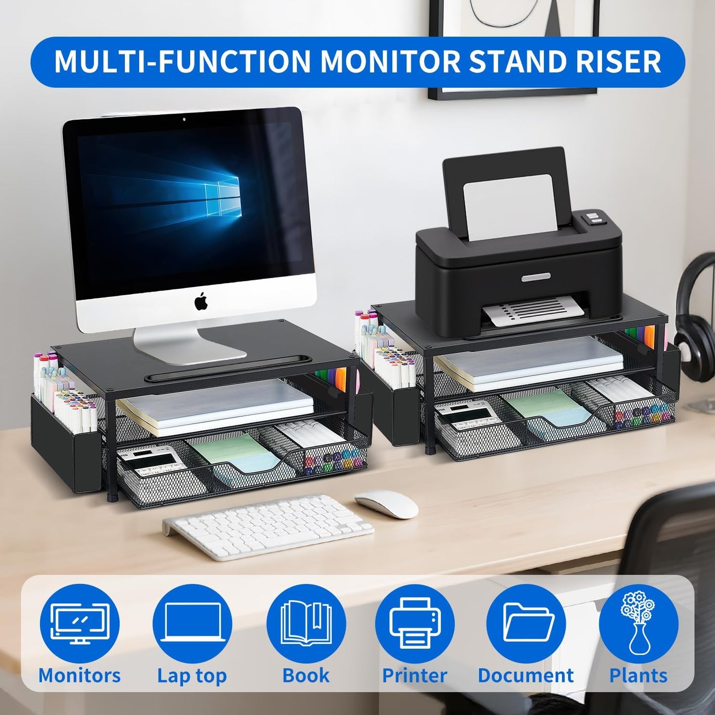 AUPSEN Wood Computer Monitor Stand Riser, 2-Tier Black Desk Organizer with Drawer, Pen Storage & Phone Holder ，Office Desk Accessories Desktop Organizer for Office Supplies