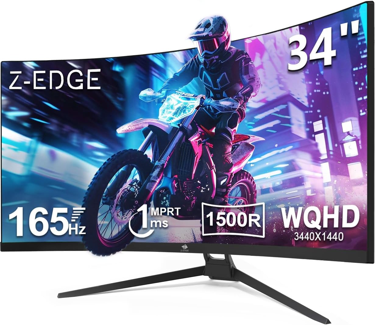 Z-Edge 34" Curved Gaming Monitor, WQHD 1440P 165Hz 144Hz PC Monitor, MPRT 1ms, 21:9 Aspect Ratio, 1500R, 16.7M Colors, 3000:1 Contrast, UG34 Frameless Bezel, 2X DP 1.4 Ports and 2X HDMI 2.0 Port
