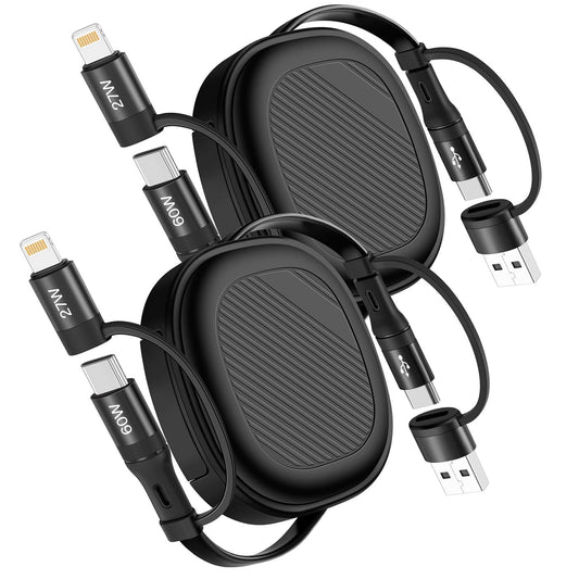 5 in 1 Retractable iPhone Fast Charging Cable, 2Pack 60W Multi Charging Cable 3.8Ft Multiple Lightning Charger Cord with USB-A/C to C/L Port for iPhone 16 15 14 13,iPad,Samsung S24 S23,Tablet & More