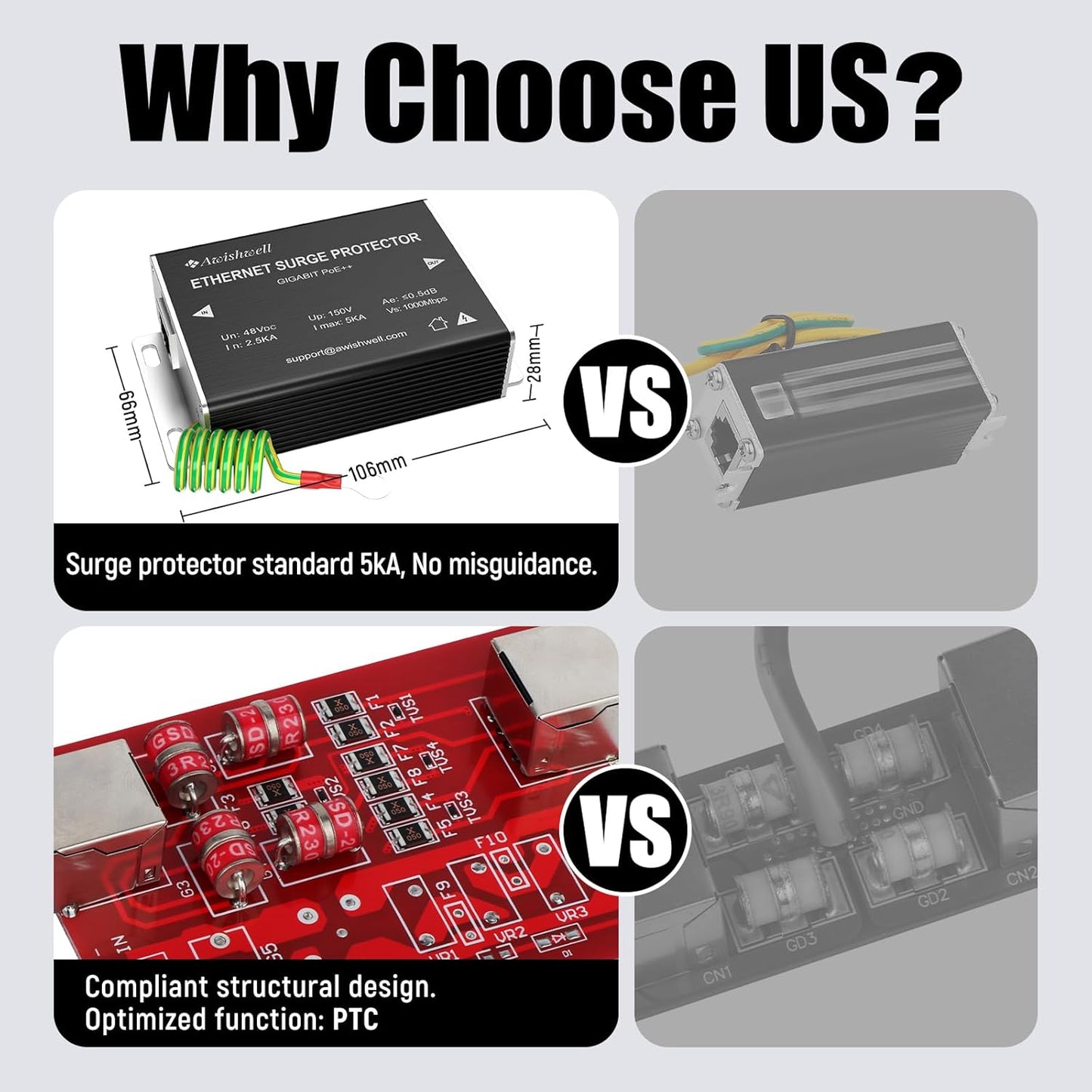 Ethernet Surge Protector Gigabit, Ethernet Lightning Arrestor PoE++ 802.3af/at/bt-RJ45 Lightning Suppressor-SPD with PTC/Gas Discharge Tube/Mounting Flange-1000Mbps,1Pack