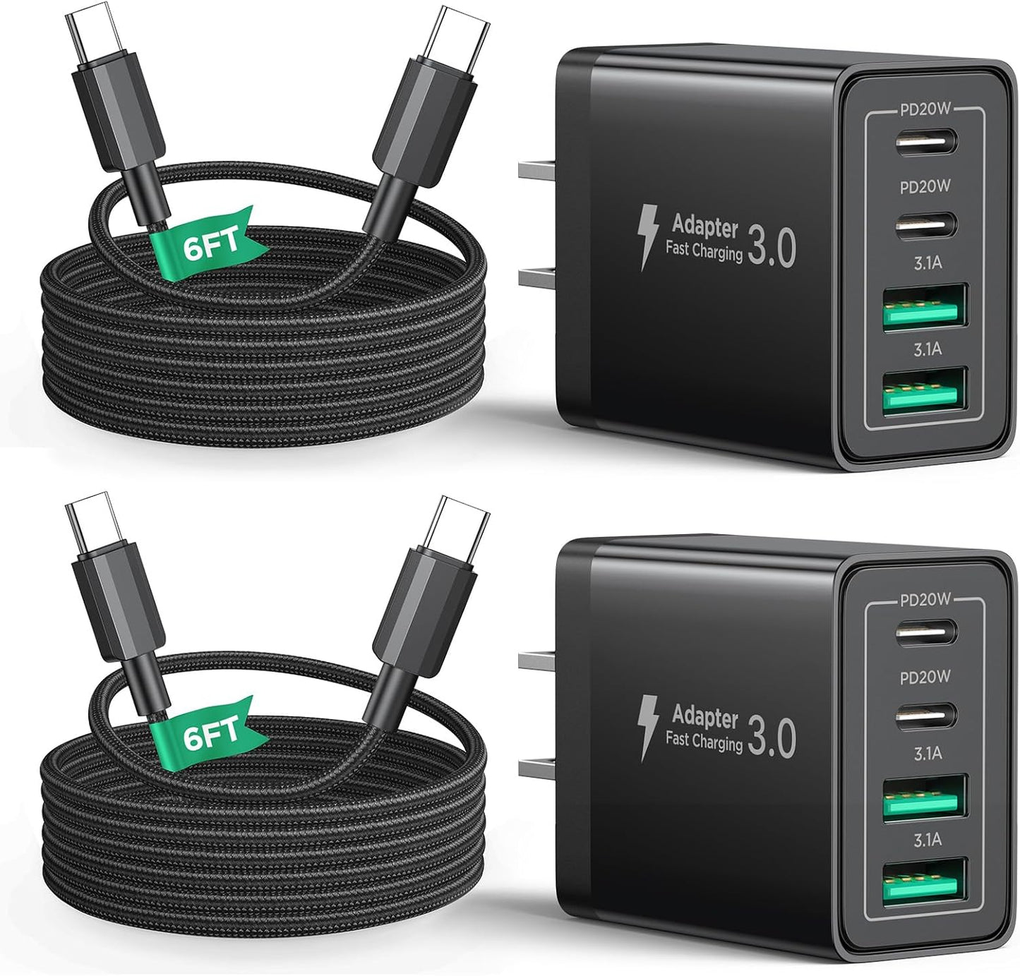 40W USB C Charger Cube, 2Pack 4-Ports Wall Plug Fast Charging Block with 6FT USBC to USBC Cord, Multiport Brick Type C Box Compatible with iPhone 16/15, Samsung S25 S24 S23, iPad, Cellphones Charger