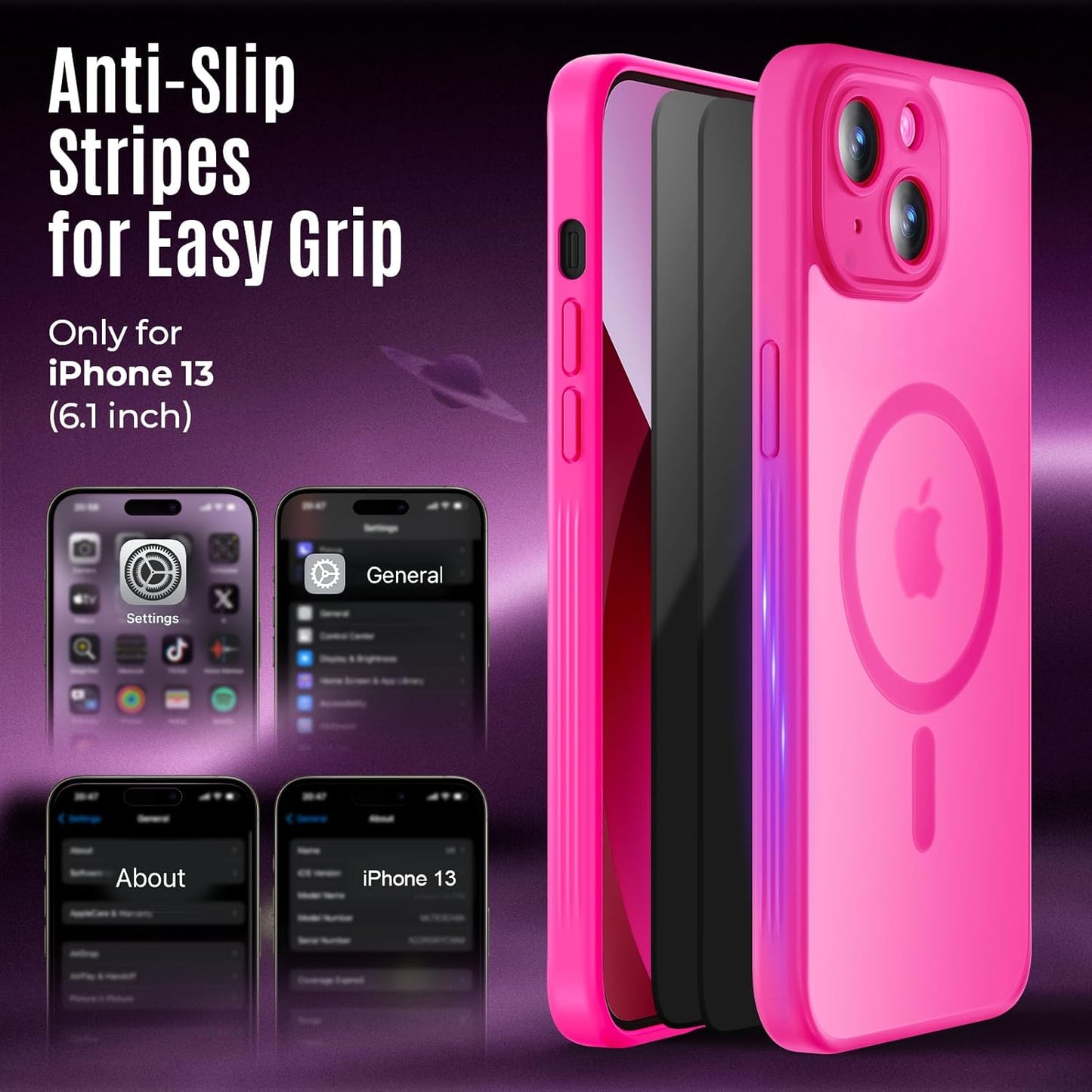 Designed for iPhone 13 Case, Compatible with MagSafe, with Privacy Screen Protectors X2, [Camera Protection] [15FT Military Drop Protection] Shockproof Phone Case, 6.1", Hot Pink