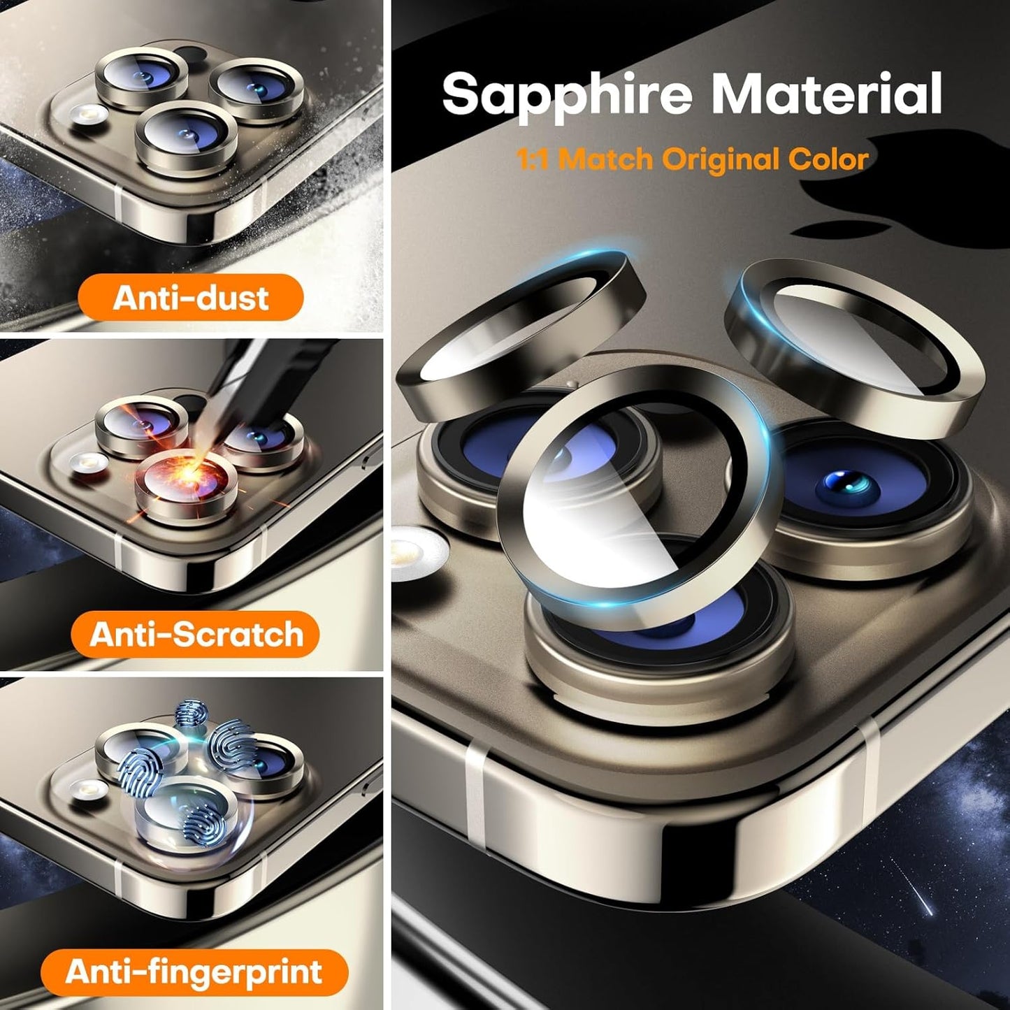 Camera Lens Protector for iPhone 16 Pro Max/16 Pro/15 Pro Max/15 Pro/14 Pro Max/14 Pro,Sapphire Glass Metal Individual Camera Cover Screen, Anti-drop, Case Friendly- Natural Titanium