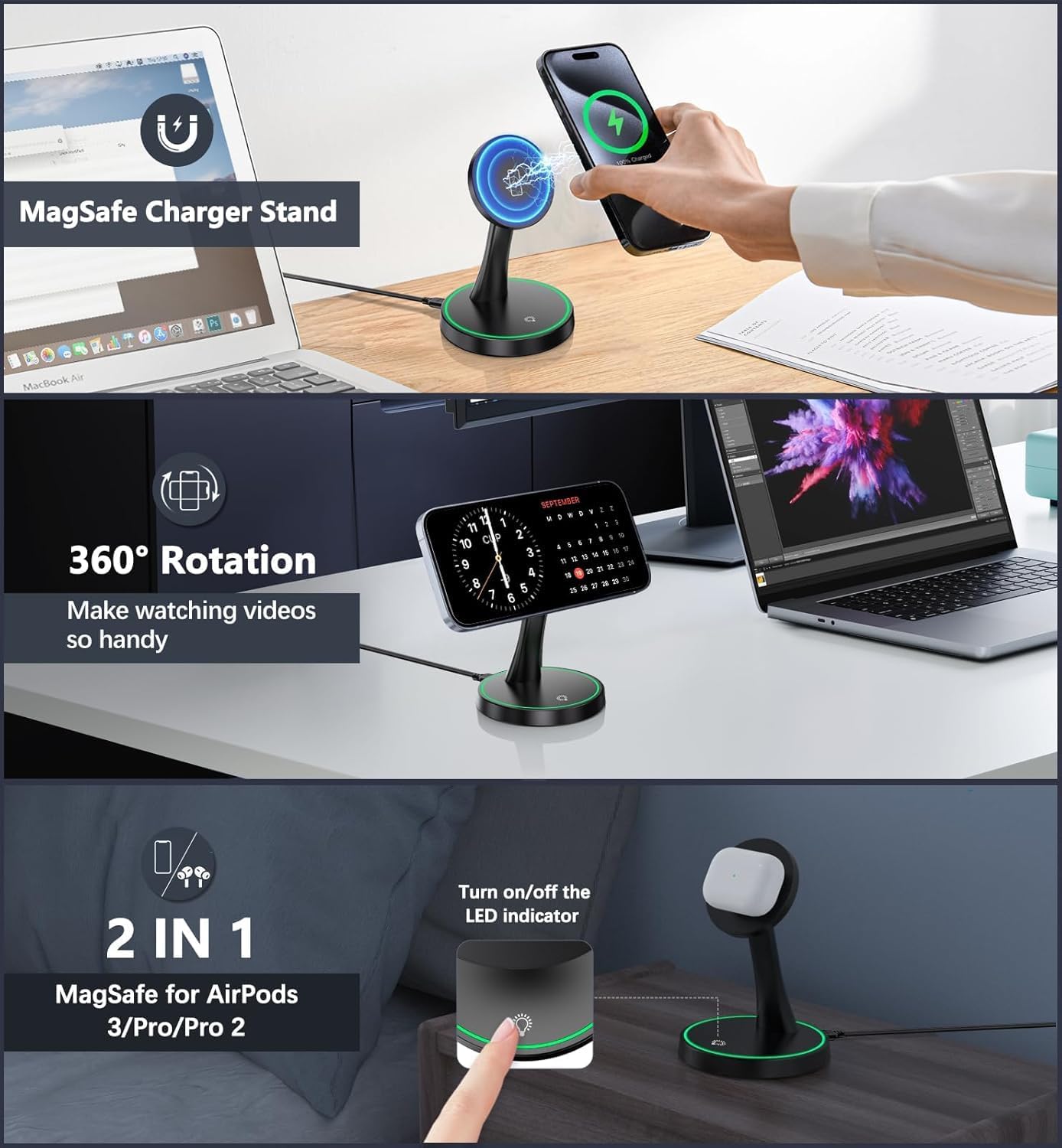 2 Pack Magnetic Wireless Charger Stand 15W Fast Magnetic Charger for iPhone 16/16 Pro/16 Plus/16 Pro Max/15/14/13/12 Series Magnet Wireless Charging Station/Pad with Sleep-Friendly Light for AirPods