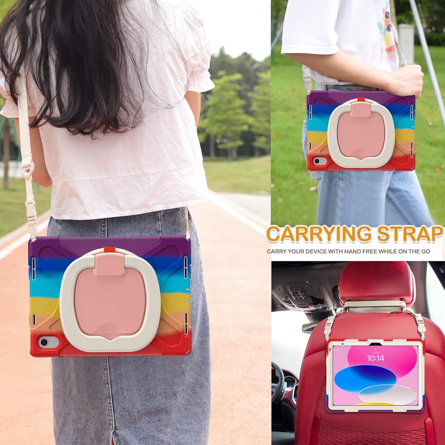 BRAECN Case for iPad (A16) 11th/10th Generation 11”/10.9'' 2025/2022-Heavy Duty Silicone Cover with Pencil Holder/Swivel Ring Stand/Screen Protector/Handle Grip/Kickstand/Shoulder Strap, Colorful Red