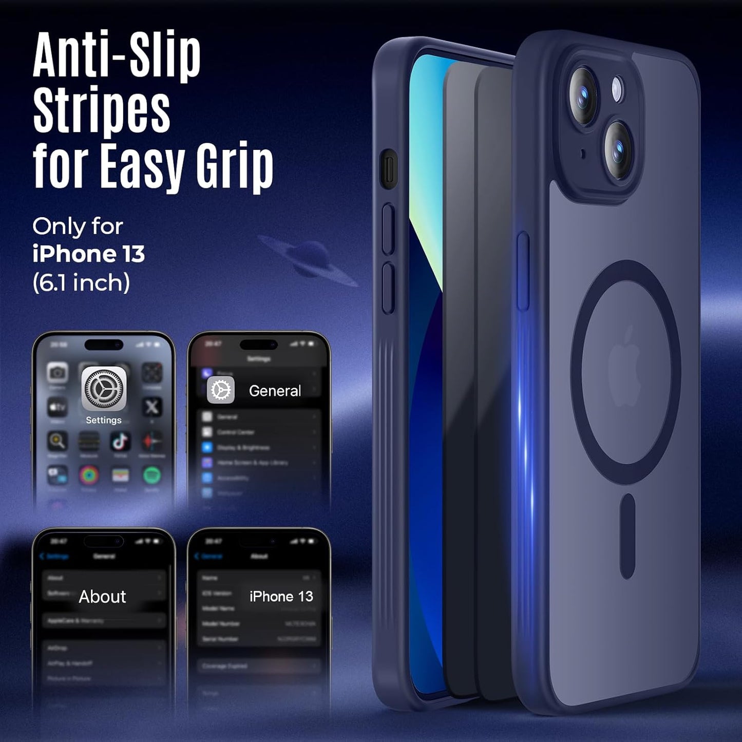 Designed for iPhone 13 Case, Compatible with MagSafe, with Privacy Screen Protectors X2, [Camera Protection] [15FT Military Drop Protection] Shockproof Phone Case, 6.1", Navy Blue