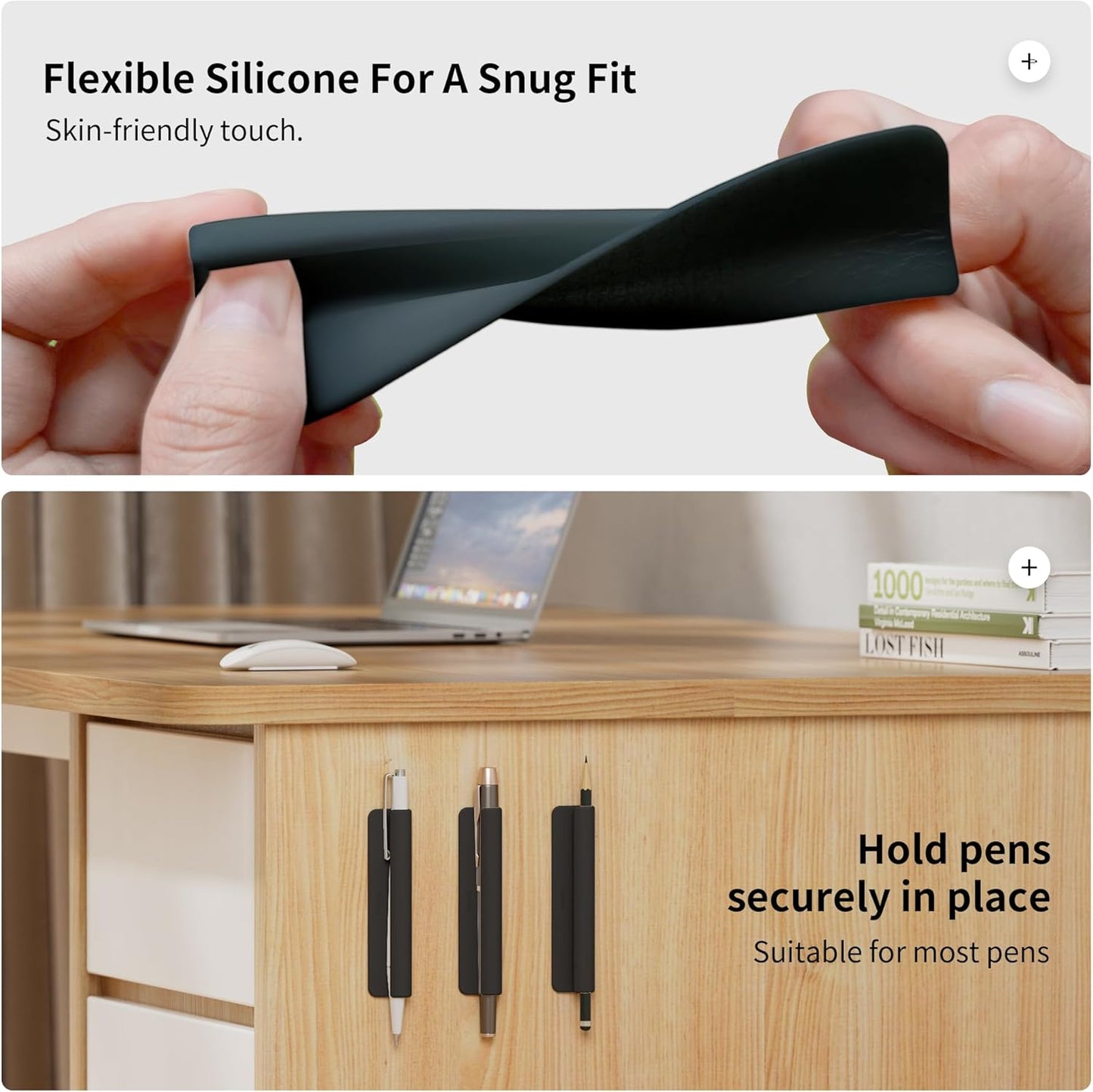 ELETIUO Pencil Holder For Most Pens,Pencils,Self-Adhesive Stick To Notebooks,Diary,Desks,Whiteboards Or Any Surface,Silicone Pen Holder For Home,Office And Desk Organization,Black