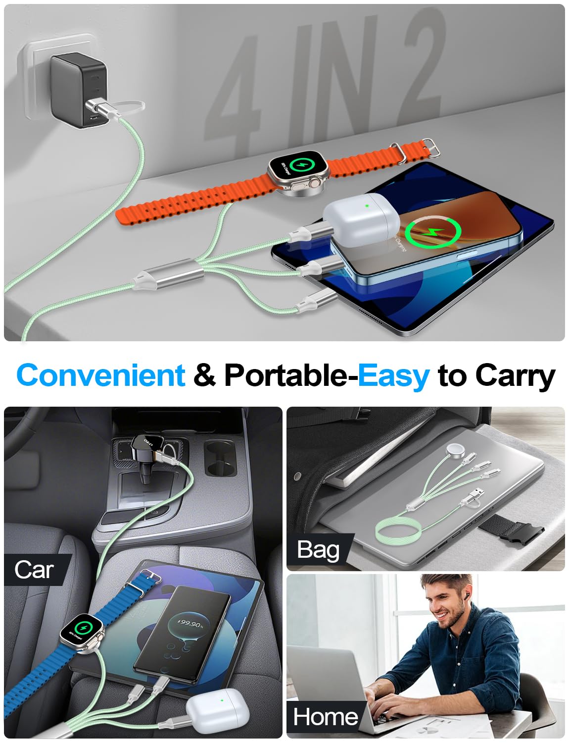 2 Pack Charging Cable for Apple Watch Charger/Samsung/iPhone Charger,Car/Office/Camping/Travel Essentials,Type C Cable Cord for iWatch Ultra/10-2/iPhone 16-11/Samsung S25-S20,iPad,airPods-Green