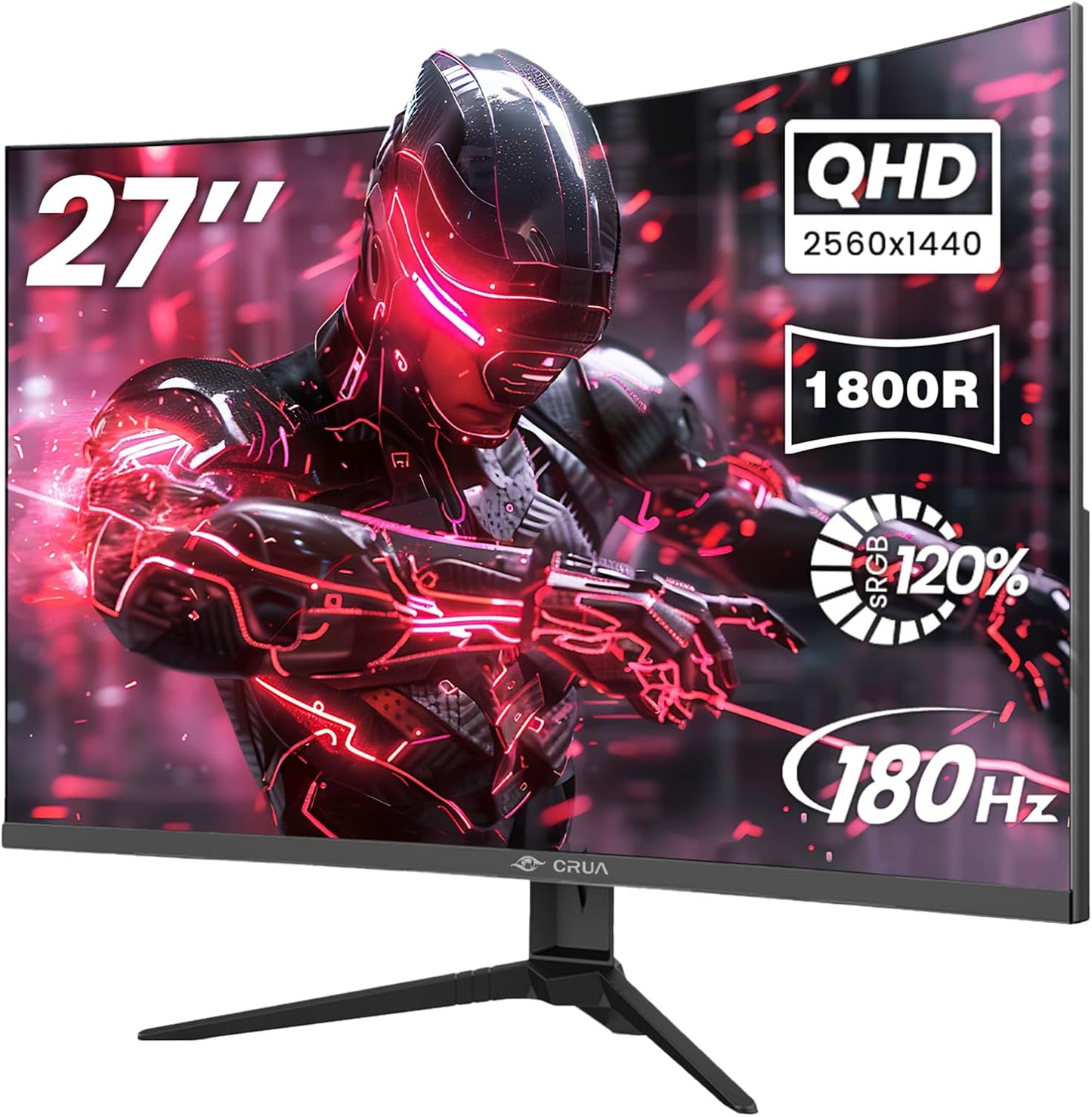 CRUA 27" Curved Gaming Monitor, 2k QHD(2560*1440P) VA Screen, 1800R, 165Hz/180Hz Computer Moniter, Supports AMD Freesync, 120% sRGB, Built-in Speakers, Wall Mountable Installs(HDMI 2.0/DP 1.4)-Black