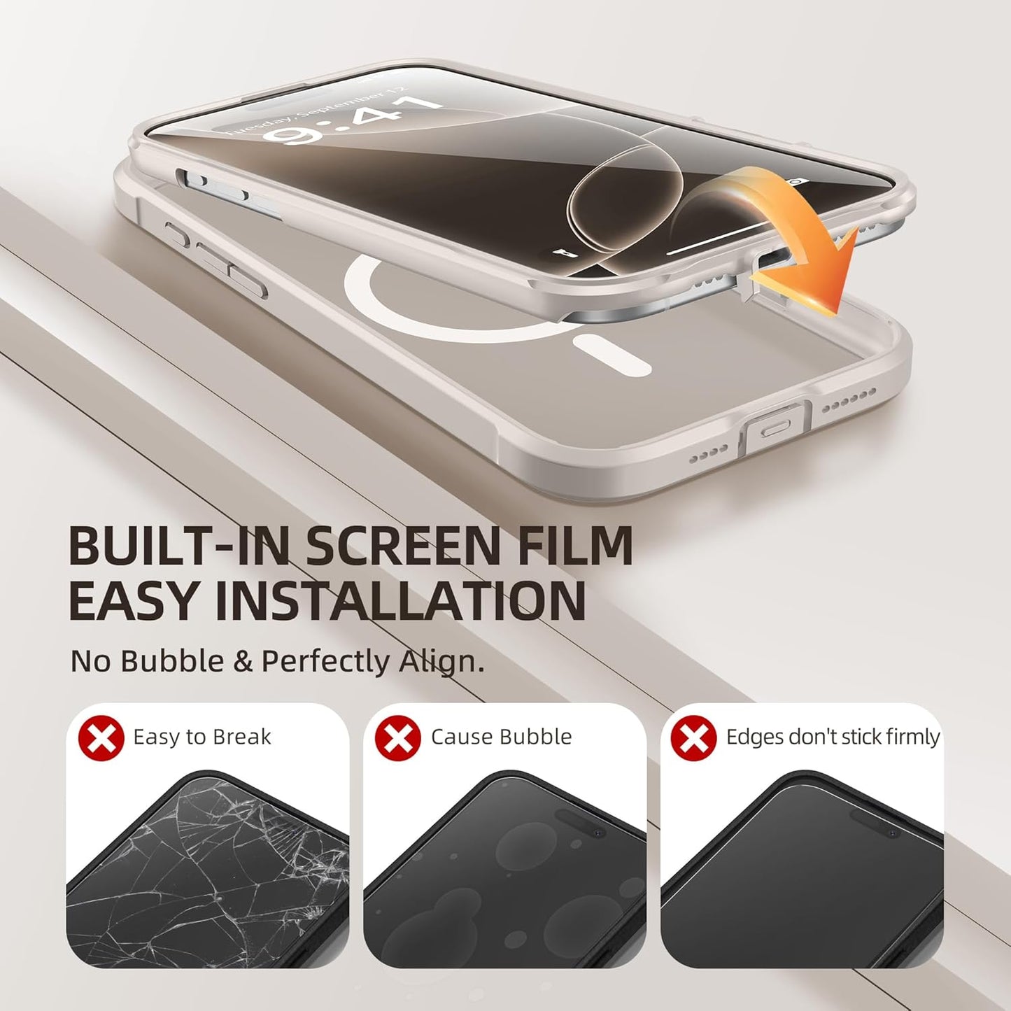 BERFY Magnetic for iPhone 16 Pro Max Case, Compatible with MagSafe, [Built-in 9H Tempered Glass Screen Protector & Camera Protection] Full Body Translucent Matte Phone case for 16 Pro Max, Stone