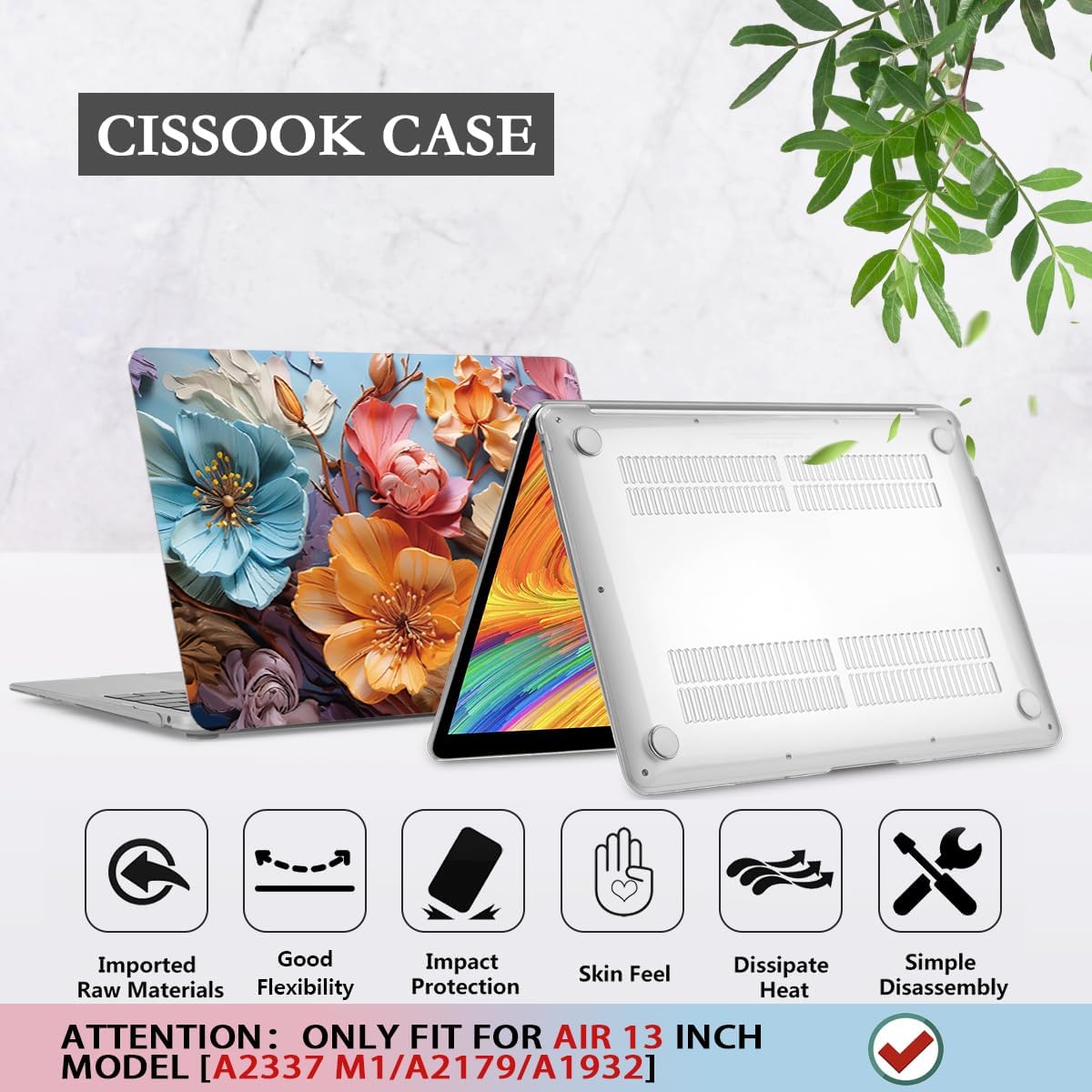 CISSOOK Compatible with MacBook Air 13 inch Case 2021 2020-2018 Release M1 A2337 A2179 A1932, Flower Hard Shell Case with Keyboard Cover for MacBook Air 13 Inch with Touch ID, Silk Flowers