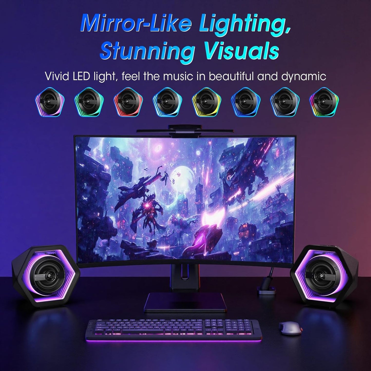 BESTISAN Computer Gaming Speakers with 8 RGB Modes, Compact Design, DC Powered Desktop Speaker with 3 EQ Modes, 50W Active Speakers with Bluetooth 5.3, AUX in, Headphone, Type-C Port for PC/Laptop/TV