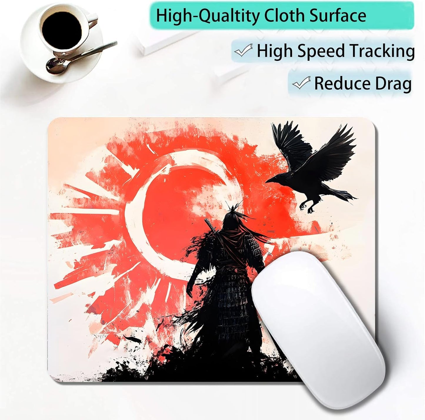 Japanese Anime Kurosun Samurai Custom Mouse Pad with Non-Slip Rubber, Small Square Design for Wireless Laptop & Computer Mouse Pads for Desk, 9.5 x 7.9 inch Smooth Surface for Gaming & Office