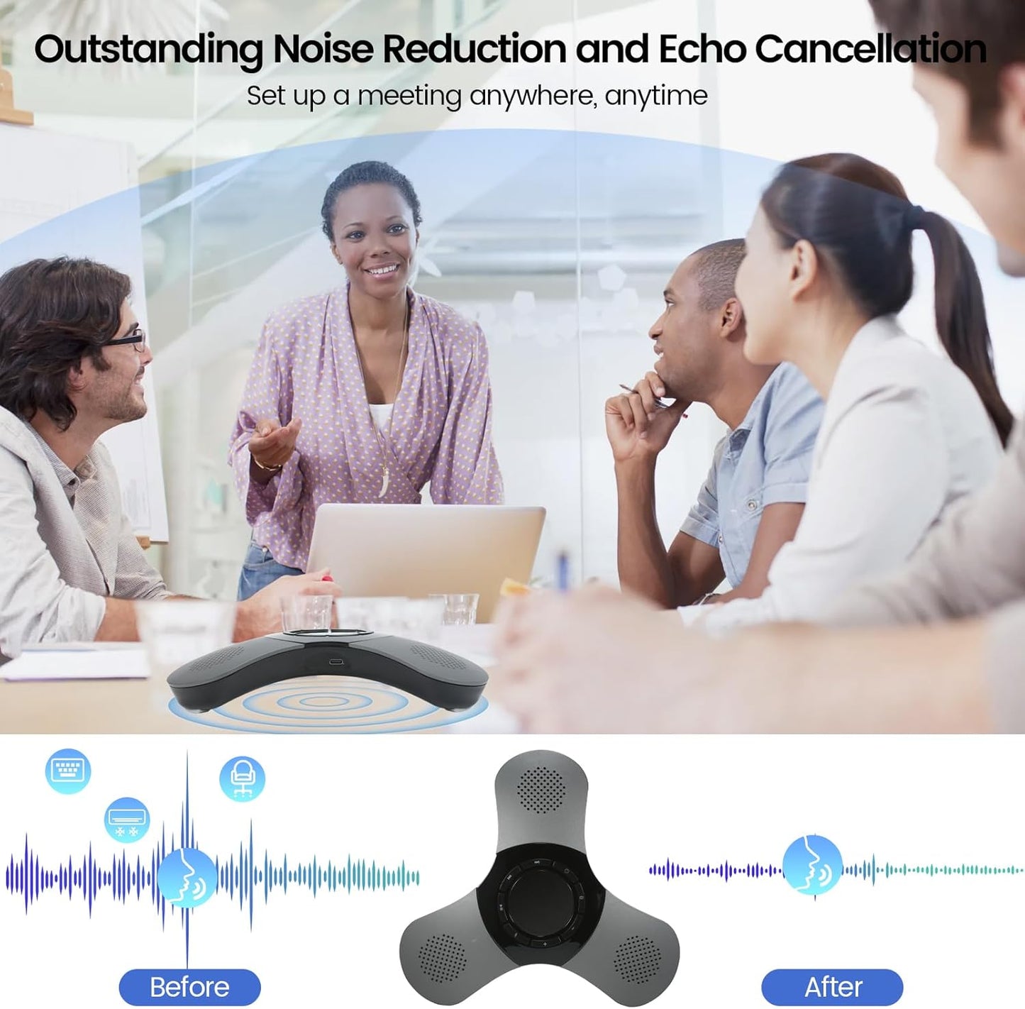 Conference Speaker with Microphone 360°Voice Pickup USB-C Speakerphone Home Office Compatible Skype/Teams/Zoom Noise Cancelling Omnidirectional Meeting Room Bluetooth Speaker with Mic for 10 People