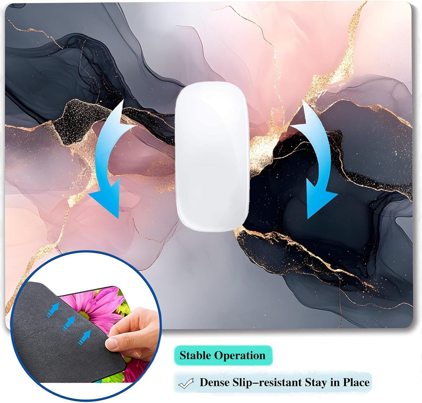 Black Rose Gold Marble Custom Mouse Pad with Non-Slip Rubber, Small Square Design for Wireless Laptop & Computer Mouse Pads for Desk, 9.5 x 7.9 inch Smooth Surface for Gaming & Office