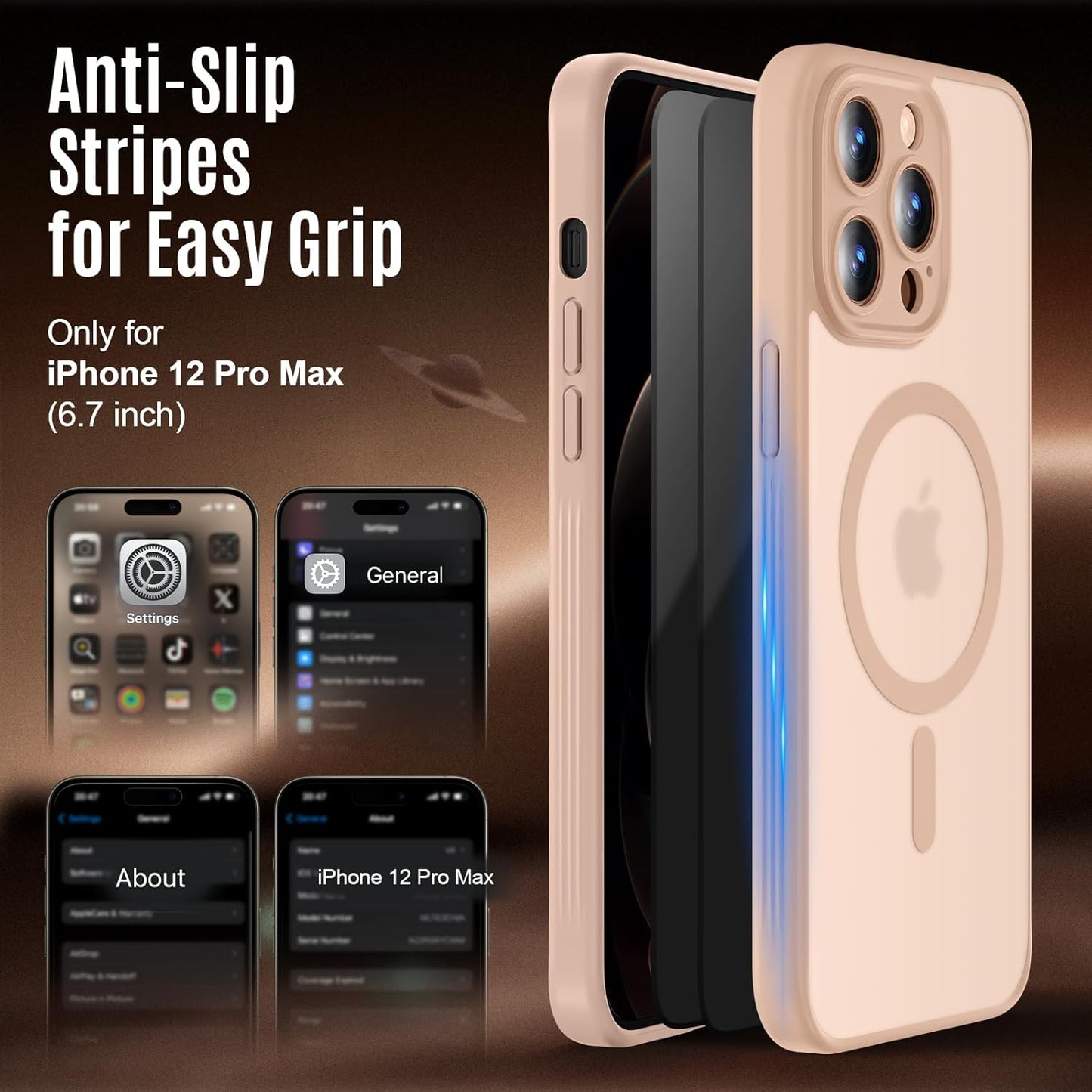 Designed for iPhone 12 Pro Max Case, Compatible with MagSafe, with Privacy Screen Protectors X2, [Camera Protection] [15FT Military Drop Protection] Shockproof Phone Case, 6.7", Light Brown