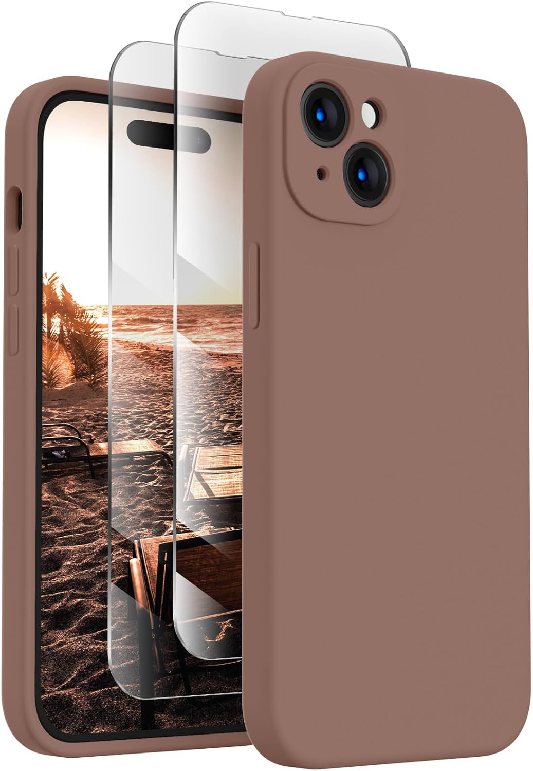 FireNova Designed for iPhone 15 Case, Silicone Upgraded [Camera Protection] Phone Case with [2 Screen Protectors], Soft Anti-Scratch Microfiber Lining Inside, 6.1 inch, Light Brown