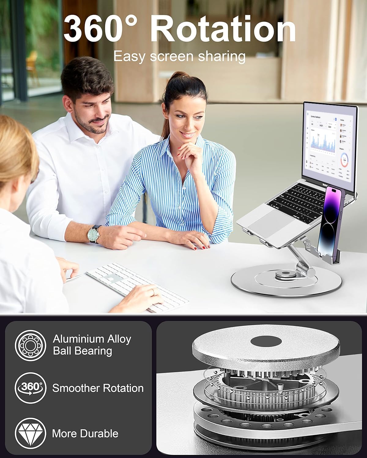 Laptop Stand with Phone Holder, Adjustable Laptop Stand with 360 Rotating Base, Aluminum Computer Mount Holder, Ergonomics Laptop Riser for Desk, Fits MacBook, up to 17.3" All Notebooks Silver