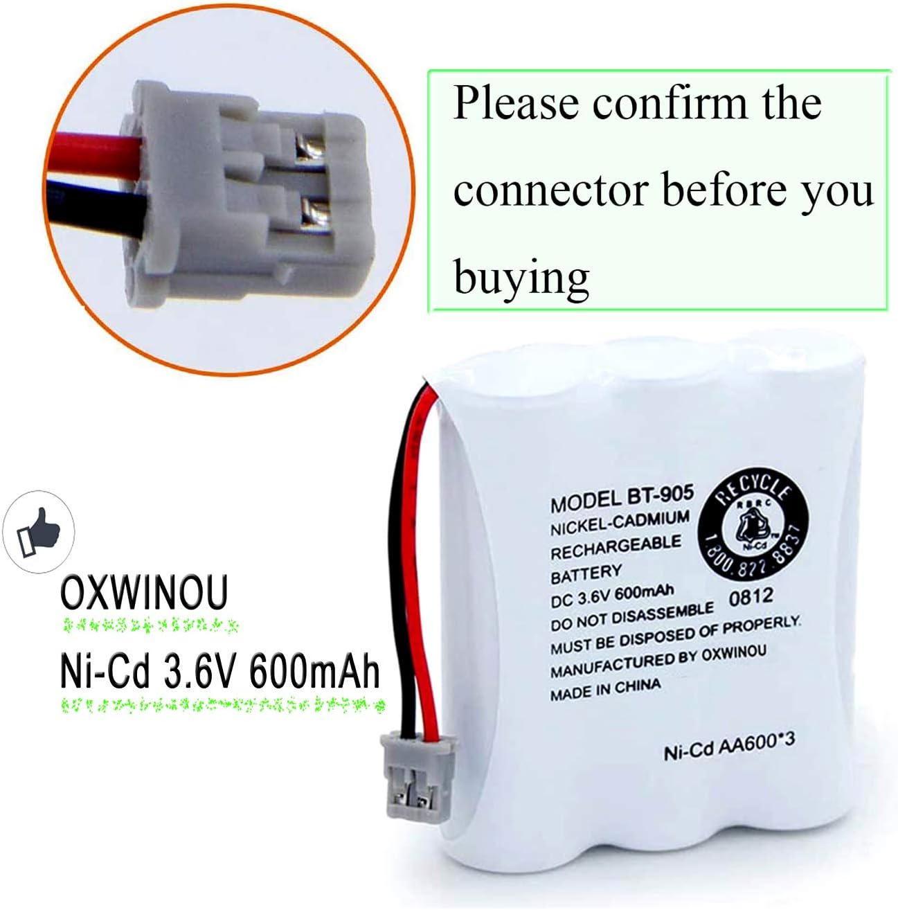 BT-905 BT905 Rechargeable Cordless Handset Phone Battery Compatible with for BBTY0663001 BBTY-0444001 BP-800 BP-905 BT-1006 3.6v 600mAh Ni-CD (2-Pack BT905)
