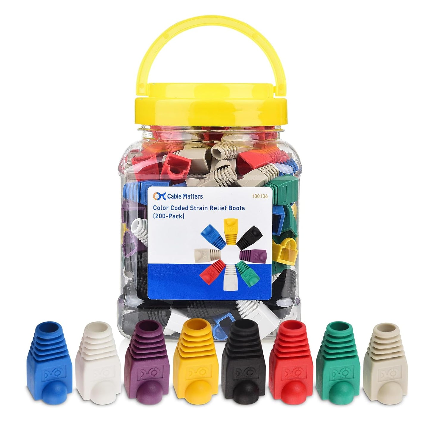 Cable Matters 200-Pack Cat6 / Cat5e RJ45 Strain Relief Boots, RJ45 Boot, Cat 6 Ethernet Boots, Multicolored, Fits 6.5mm (0.25in) Ethernet Cables