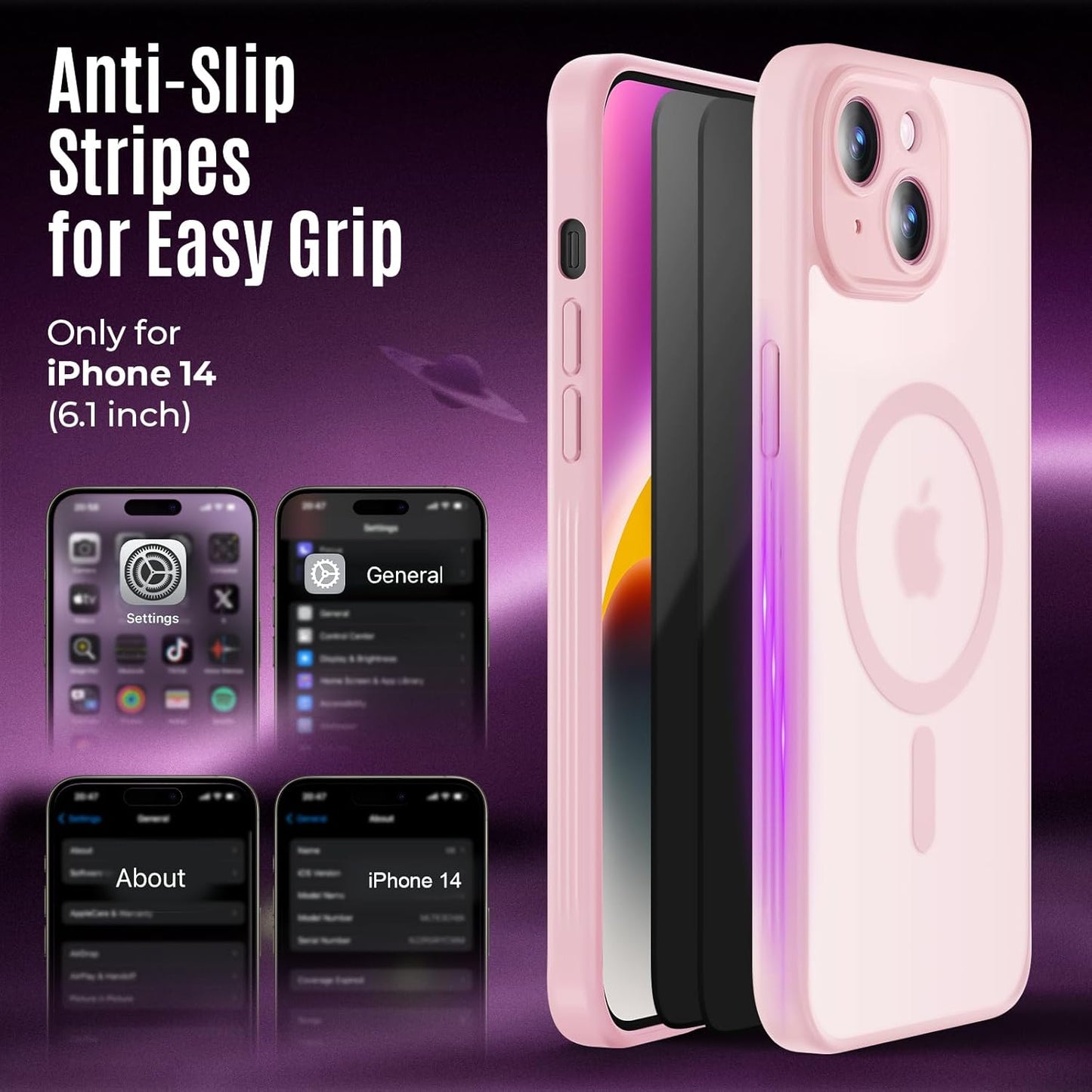 Designed for iPhone 14 Case, Compatible with MagSafe, with Privacy Screen Protectors X2, [Camera Protection] [15FT Military Drop Protection] Shockproof Phone Case, 6.1", Pink