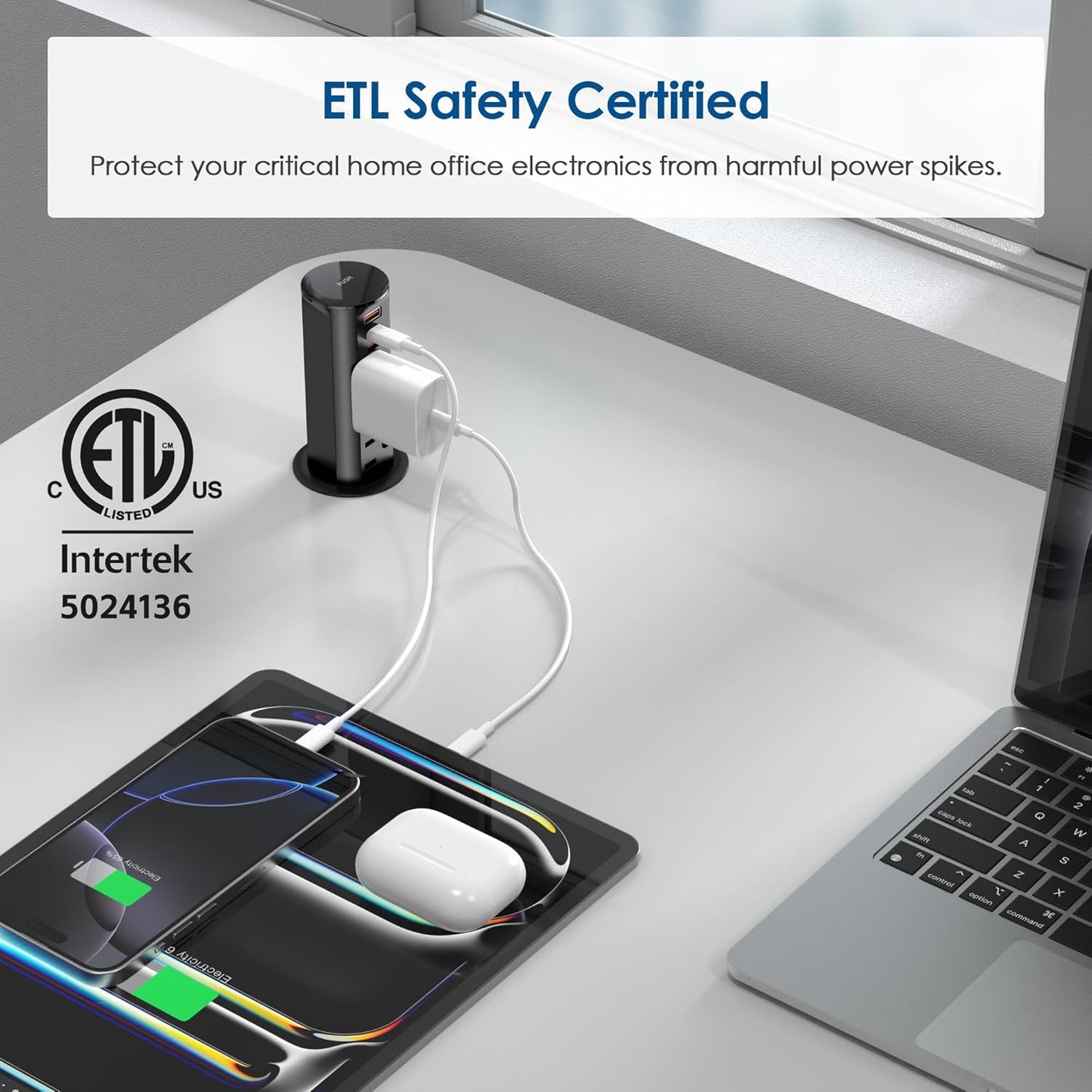 2 Inch Pop Up Outlet for Countertop,Power Grommet 2-inch Desk Wire Hole Insert,20W USB C,2 Outlets,2 USB C/1 USB A,Recessed Outlet,Desk Charging Station (Black, 6 FT Cable)