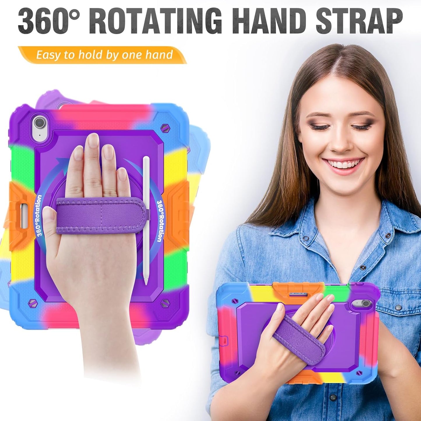 HXCASEAC Case for iPad Air 11 inch (2025 M3 / 2024 M2), Shockproof Design with Pencil Holder/Screen Protector/Rotating Hand Strap, Protective Cover for iPad Air 7th/6th Generation - Purple