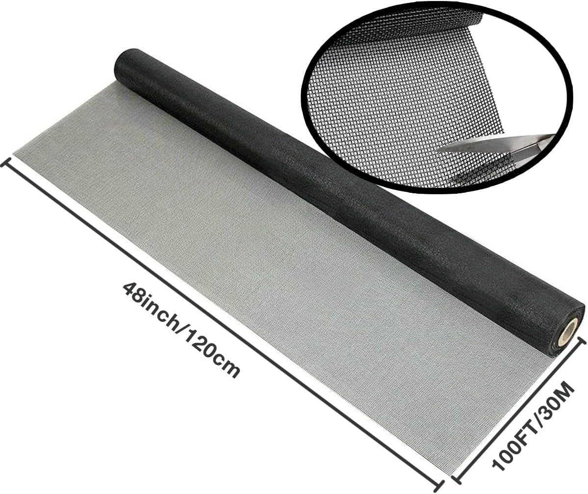 48inch*100ft Window Screens Replacement, Cuttable Fiberglass Roll Screens Door Mesh, Repair Screens Net DIY Screening Mesh Netting Black for Windows, Door, Pool, Porch,Patio