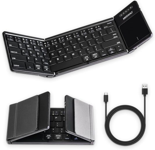 Foldable Bluetooth Keyboard with Touchpad, Wireless Folding Keyboards with PU Leather (Sync up to 3 Devices), Full-Size Portable Keyboard for Android/Windows/iOS