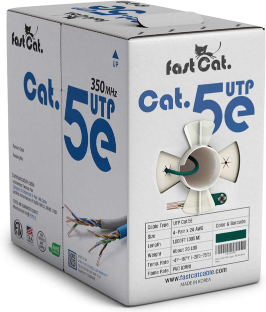 fast Cat. Cat5e Ethernet Cable 1000ft - 24 AWG, CMR, Insulated Bare Copper Wire Cat 5 ethernet Cable with FastReel - 350MHZ / Gigabit Speed UTP Cable Cat5e - CMR (Green)