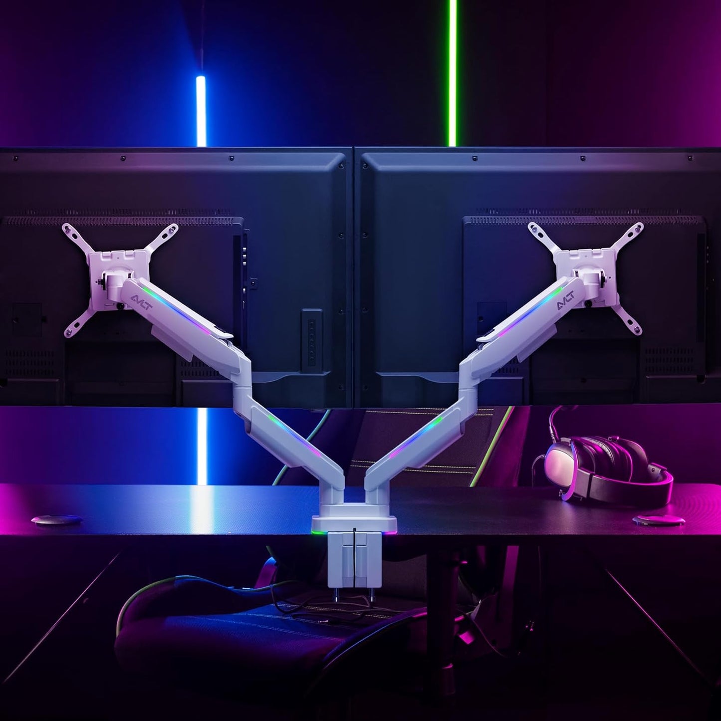 AVLT RGB Lights Dual 17”-43” Gaming Monitor Arm Desk Mount, Fits Two Flat/Curved/Ultrawide Screen up to 44lbs(20kg), Height Swivel Tilt Adjustable Stand – White