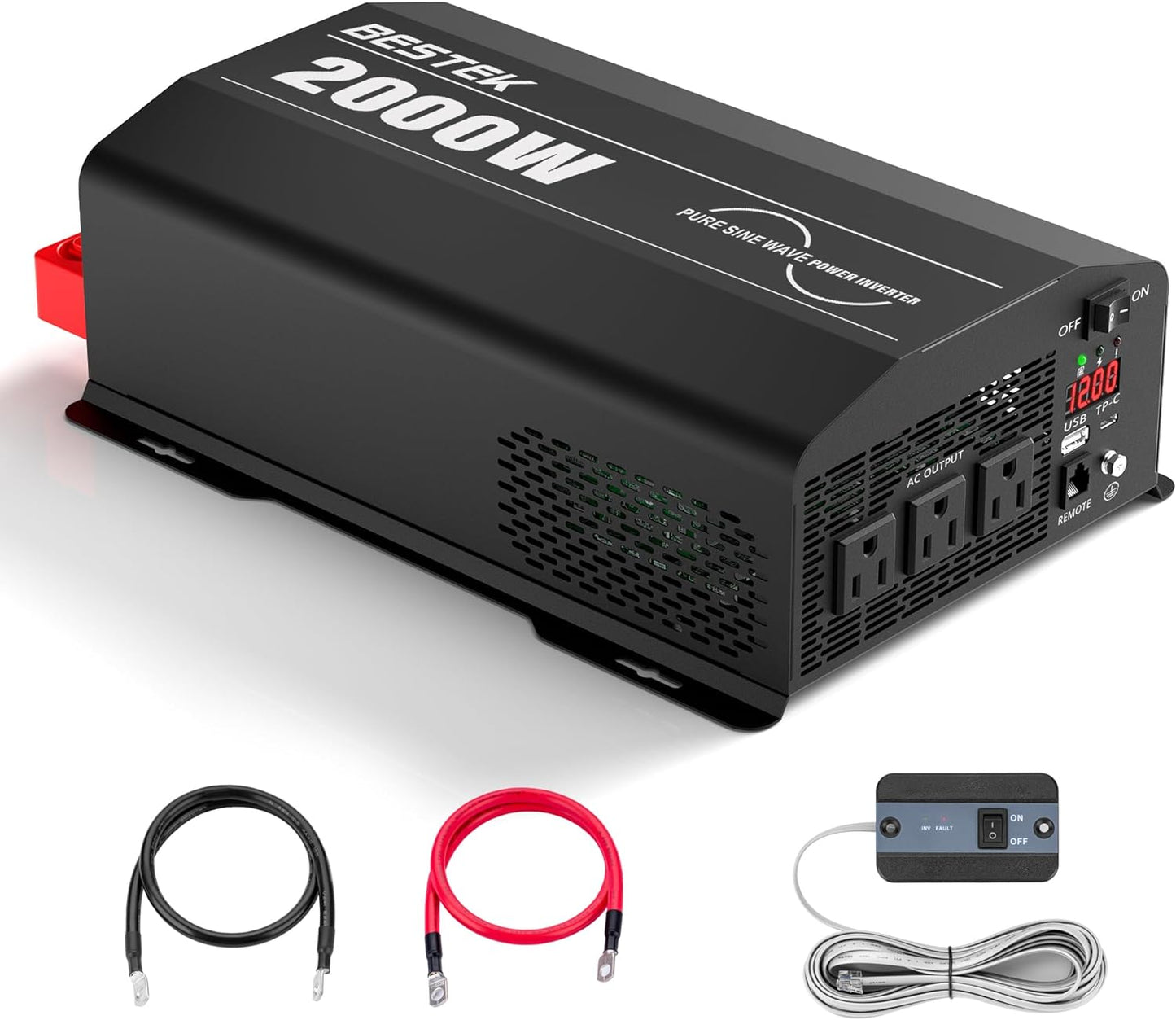 BESTEK 2000 Watt Pure Sine Wave Power Inverter, 12V DC to 110V/120V AC Inverter with 3 AC Outlets, USB & Type-C Port, Remote Controller, Off-Grid Solar Power Inverter 12V to 110V for Home, RV, Truck