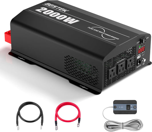 BESTEK 2000 Watt Pure Sine Wave Power Inverter, 12V DC to 110V/120V AC Inverter with 3 AC Outlets, USB & Type-C Port, Remote Controller, Off-Grid Solar Power Inverter 12V to 110V for Home, RV, Truck
