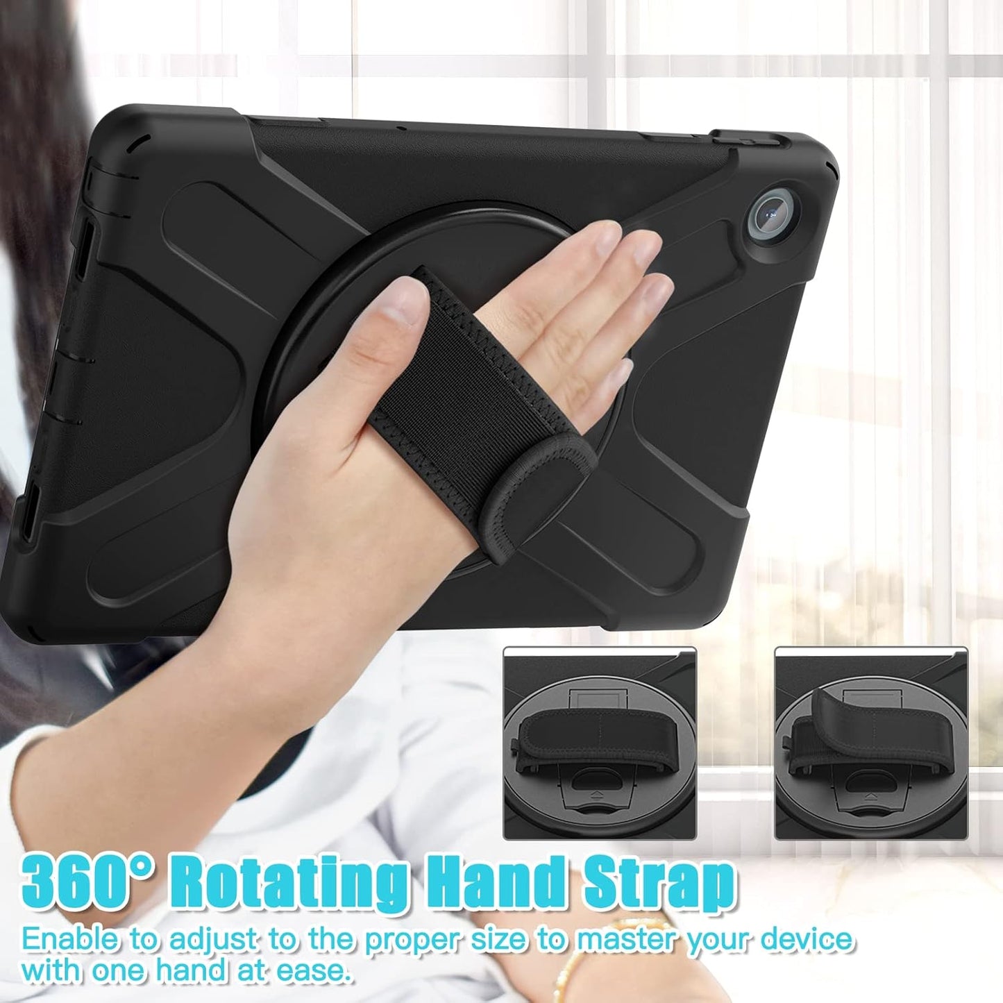 Junfire Shockproof Case for Lenovo Tab M10 Plus 3rd Gen 10.6" 2022, Heavy Duty Rugged Case with Hand Strap/360°Rotating Kickstand/Shoulder Belt for TB-125F/TB-128F, Black