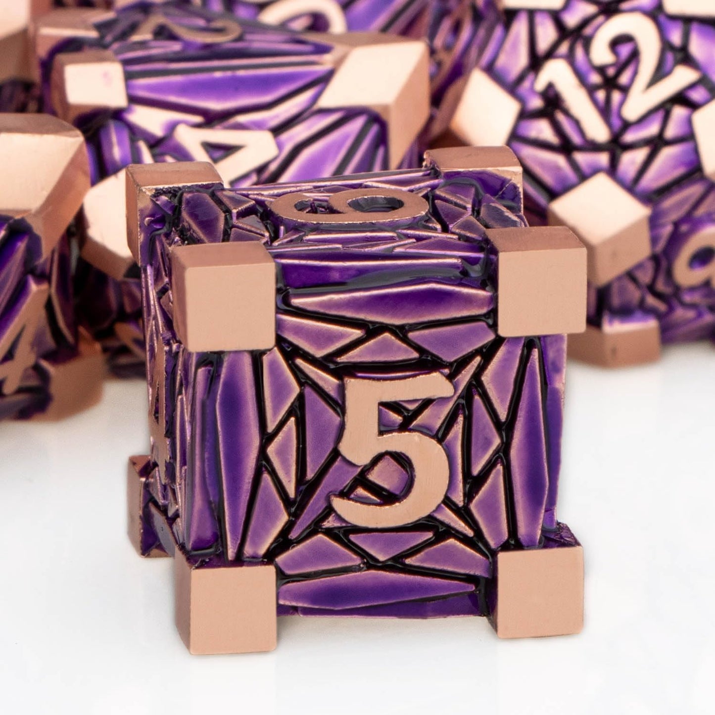 7PCS Metal DND Dice Set with Box, Debris RPG Purple D and D Dice for use with D&D Tabletop Games Role Playing Game Polyhedral Dice Set D20 D12 D10 D8 D6 D4