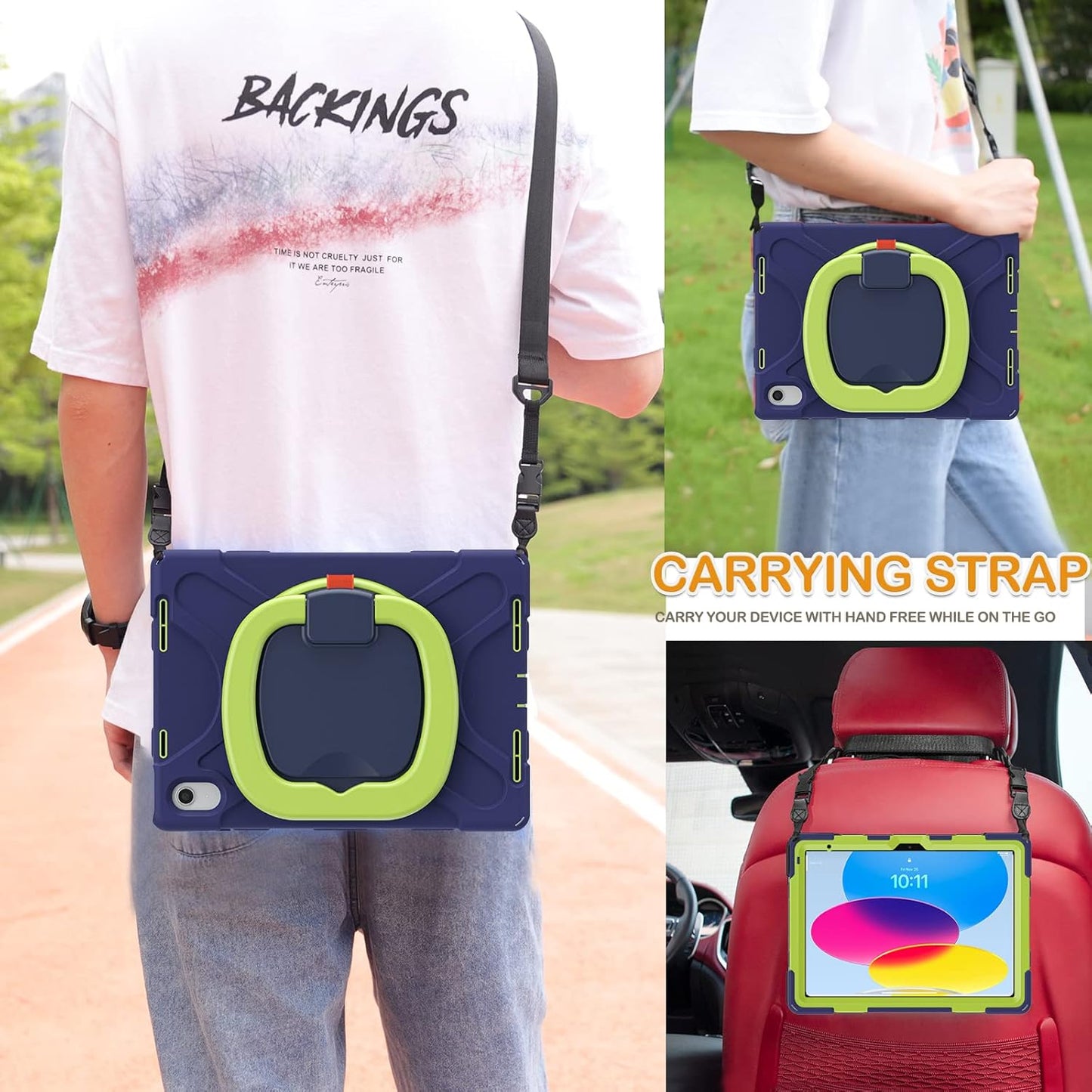 BRAECN Case for iPad (A16) 11th/10th Generation 11”/10.9'' 2025/2022-Rugged Silicone Cover with Swivel Ring Stand/Pencil Holder/Handle Grip/Kickstand/Screen Protector/Shoulder Strap, Navy Green