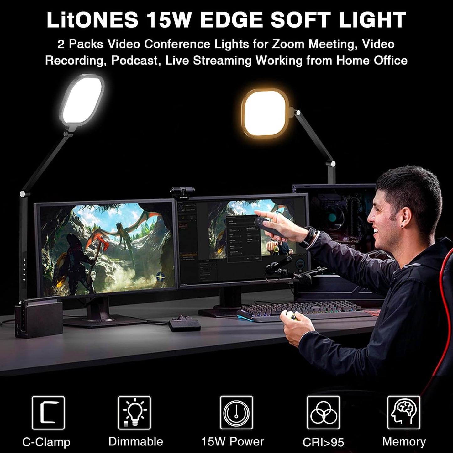 2 Packs Video Conference Light for Computer, 15W LitONES Desk Light for Zoom Calls Meeting with C-Clamp & Metal Swing Arm, Podcast Lighting Kit with Remote, Memory & Timing CRI＞95