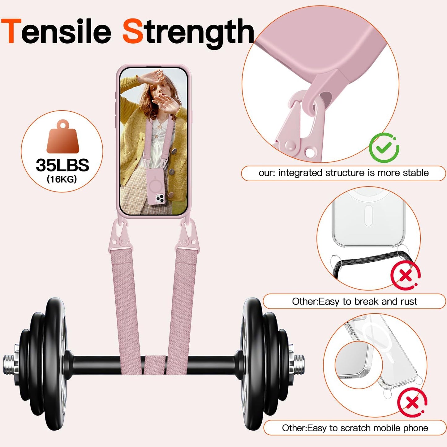 for iPhone 15 Pro Max Case with Lanyard [Compatible with MagSafe], Crossbody Phone Case with Neck Strap Adjustable, Magnetic Phone Cover for iPhone 15 Pro Max 6.7'' Pink