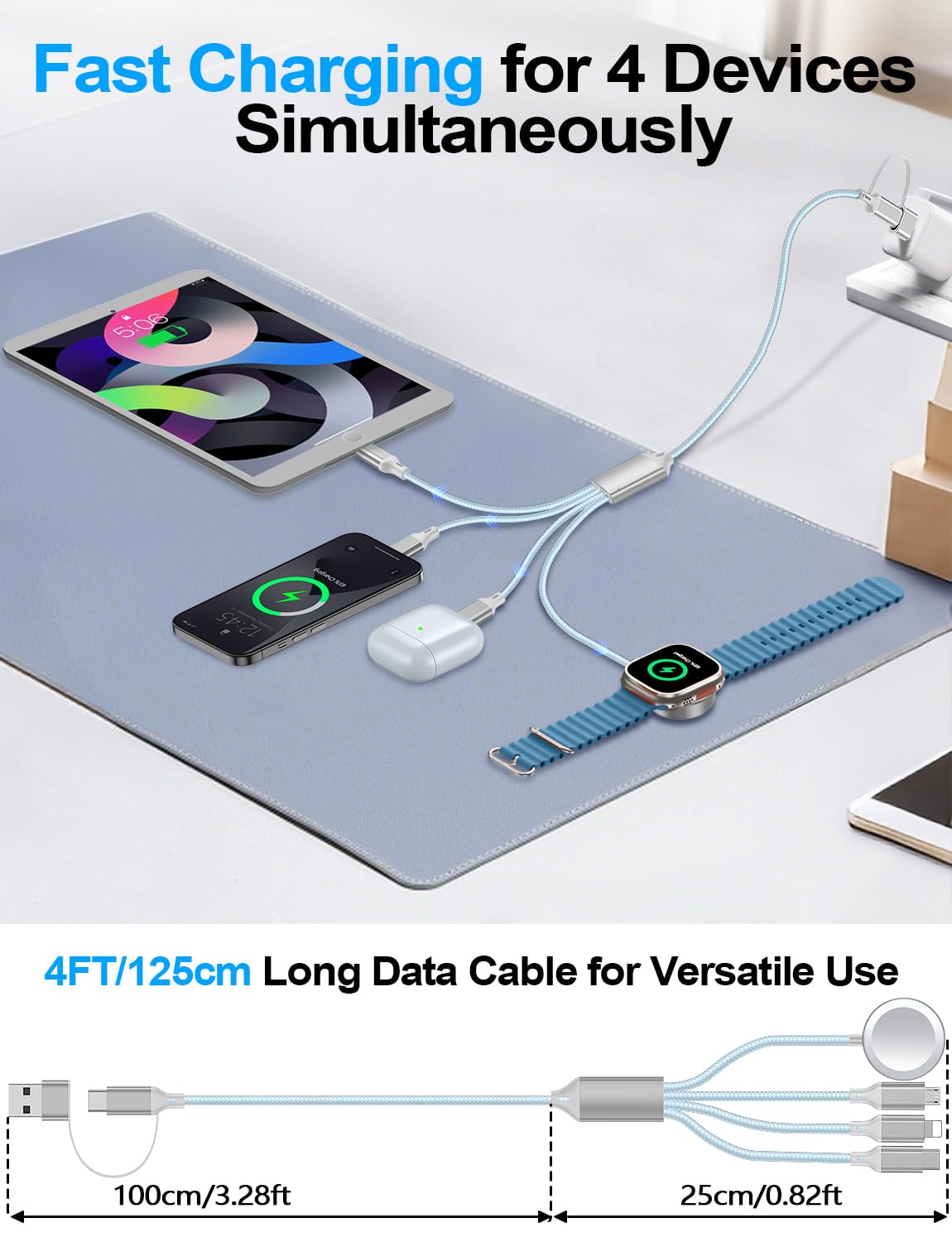 4-in-2 Charging Cable for Apple Watch Charger/Samsung/iPhone Charger,Car/Office/Camping/Travel Essentials,Type C Cable Multi Cord for iWatch Ultra/10-2/iPhone 16-11/Samsung S25-S20,iPad,airPods-Blue