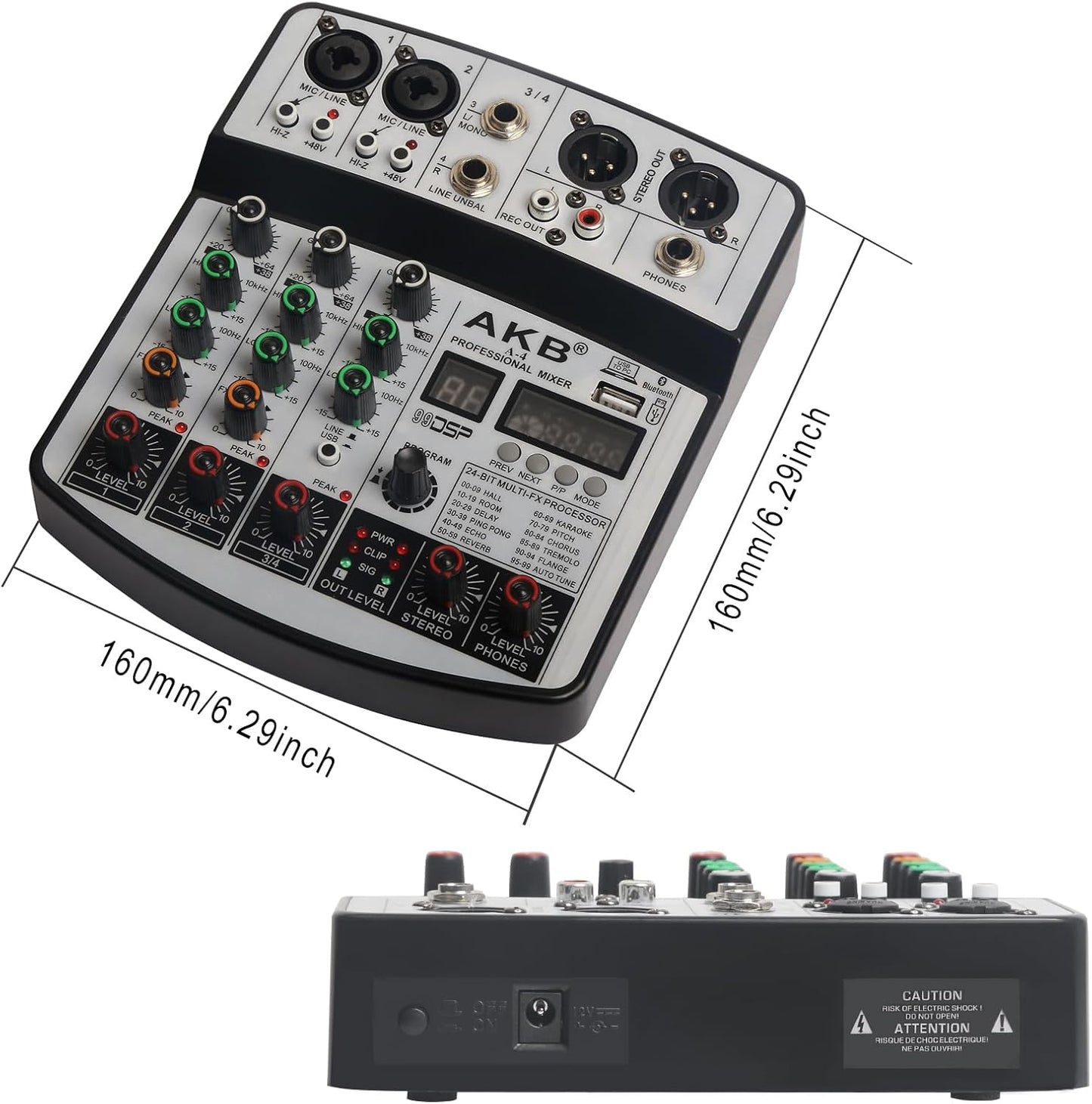 Dj Mixers 4 Channel Audio Mixer Sound Board with Bluetooth, Usb Audio Interface with 48V Phantom Power Sounds Mixer Board with 99 DSP FX Reverb Delay Effect