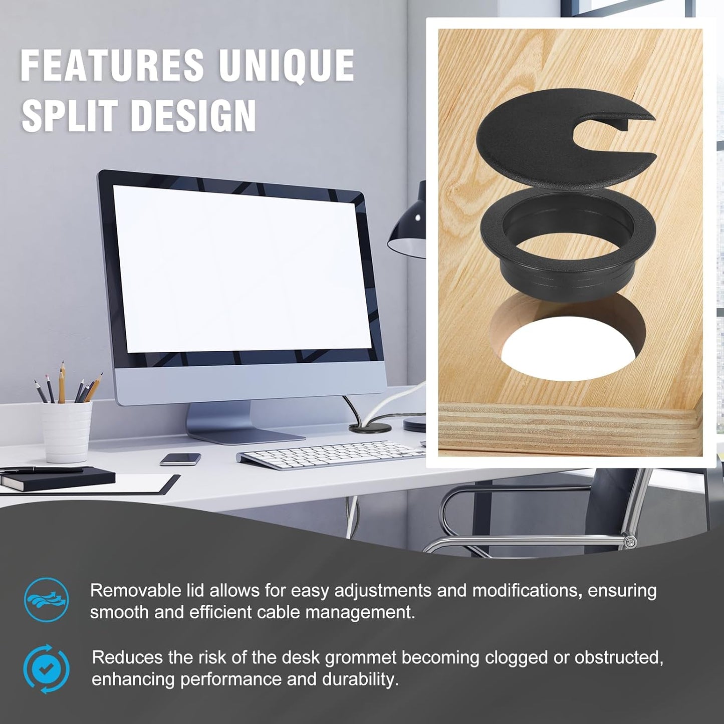 2" Black Desk Grommet, JTemgle Plastic Cable Hole Cover Computer Table Cord Wire Organizer Caps Desktop Cord Management for Home Office TV Stands Tabletops, 2 Pieces