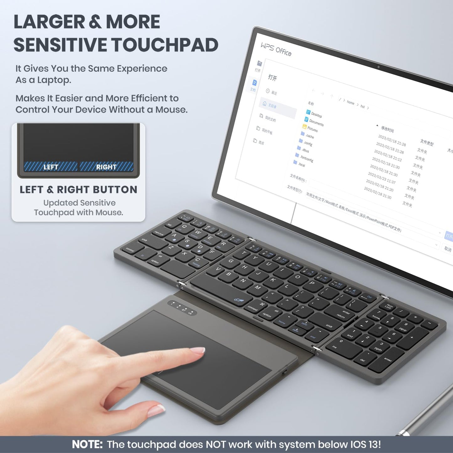 Foldable Bluetooth Keyboard with Large Touchpad, Numeric Keypad, PU Leather, Wireless Travel Keyboard for Windows, iOS, Android, Mac (Grey)