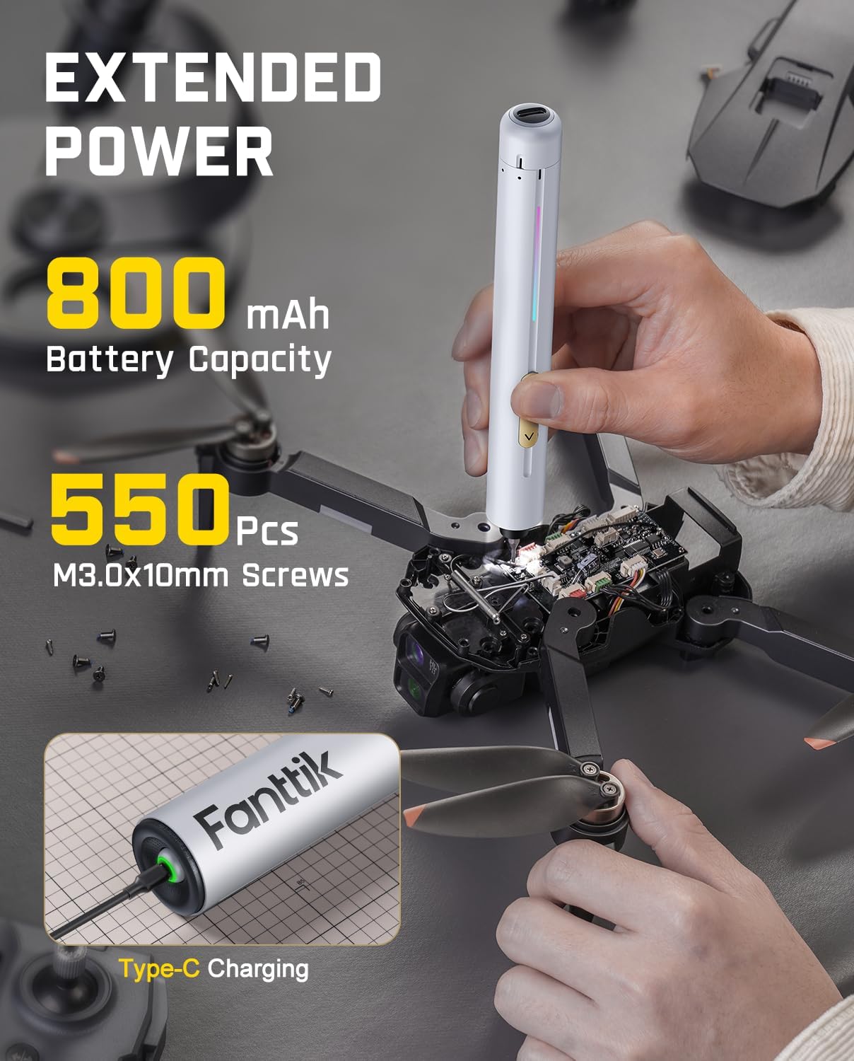 Fanttik E2 Ultra Mini Electric Screwdriver, Cordless Screwdriver, Max 0.6N.m, 50 Magnetic Bits, 5/32'' Hex, Magnetic Storage, Repair Tool for Electronics, Camera, Laptop, and PC Build (White)