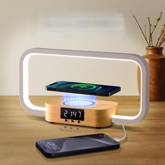 Bedside Lamp with Wireless Charger & USB Port – Touch Control Nightstand Table Lamps, RGB Color Changing, Stepless dimming, 7 Color, Modern LED Desk Lamp with Clock for Bedroom, Gifts for Women, Men