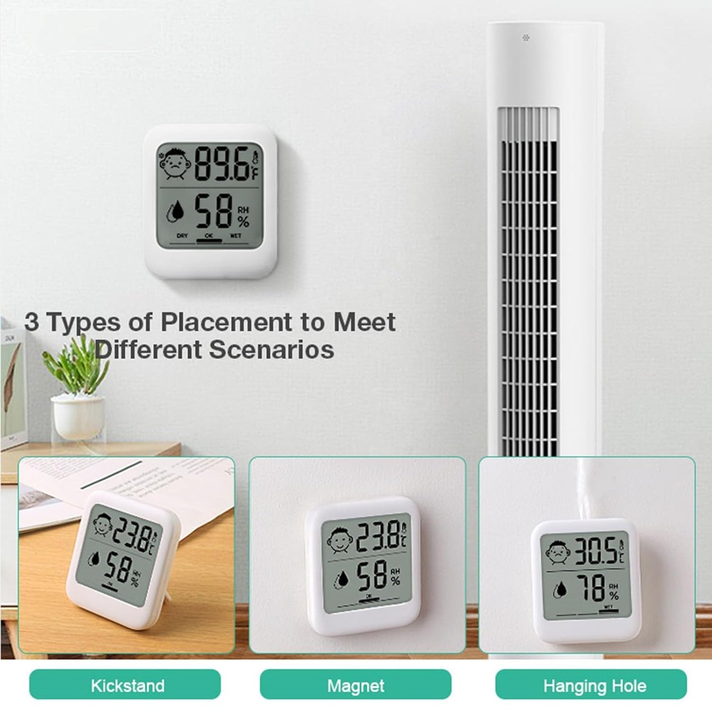 Digital Thermometer and Hygrometer with Comfort Face Display, Hygrometer, Stand, Magnet, Hanging, Simple, Infectious Disease Prevention, Heat Stroke Prevention (Simple, No Clock)