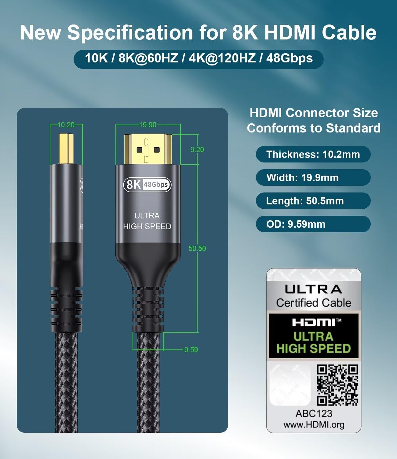 Certified 10K 8K HDMI 2.1 Cable 13 FT, 48Gbps Ultra High Speed HDMI Cable with Ethernet 4K 240Hz 165Hz 144Hz 120Hz 8K60Hz eARC HDCP2.3 HDR10+ PC Laptop TV Monitor Projector