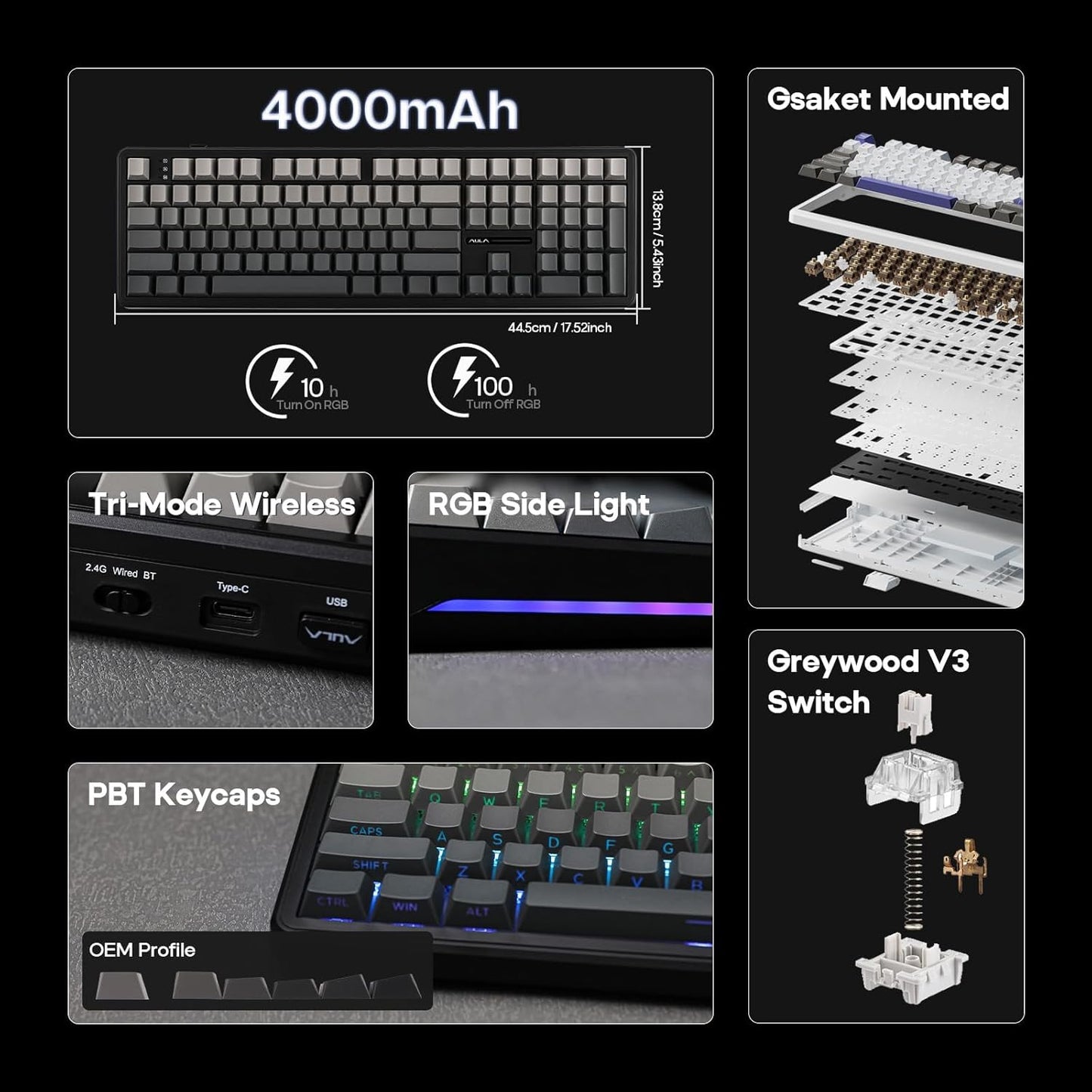EPOMAKER Aula F108 Wireless Gaming Keyboard, Full Size Mechanical Keyboard with 4000mAh Battery, 108 Hot-Swappable and Programmable Keys, RGB Backlight, for Mac/PC/Android (Black Gradient)